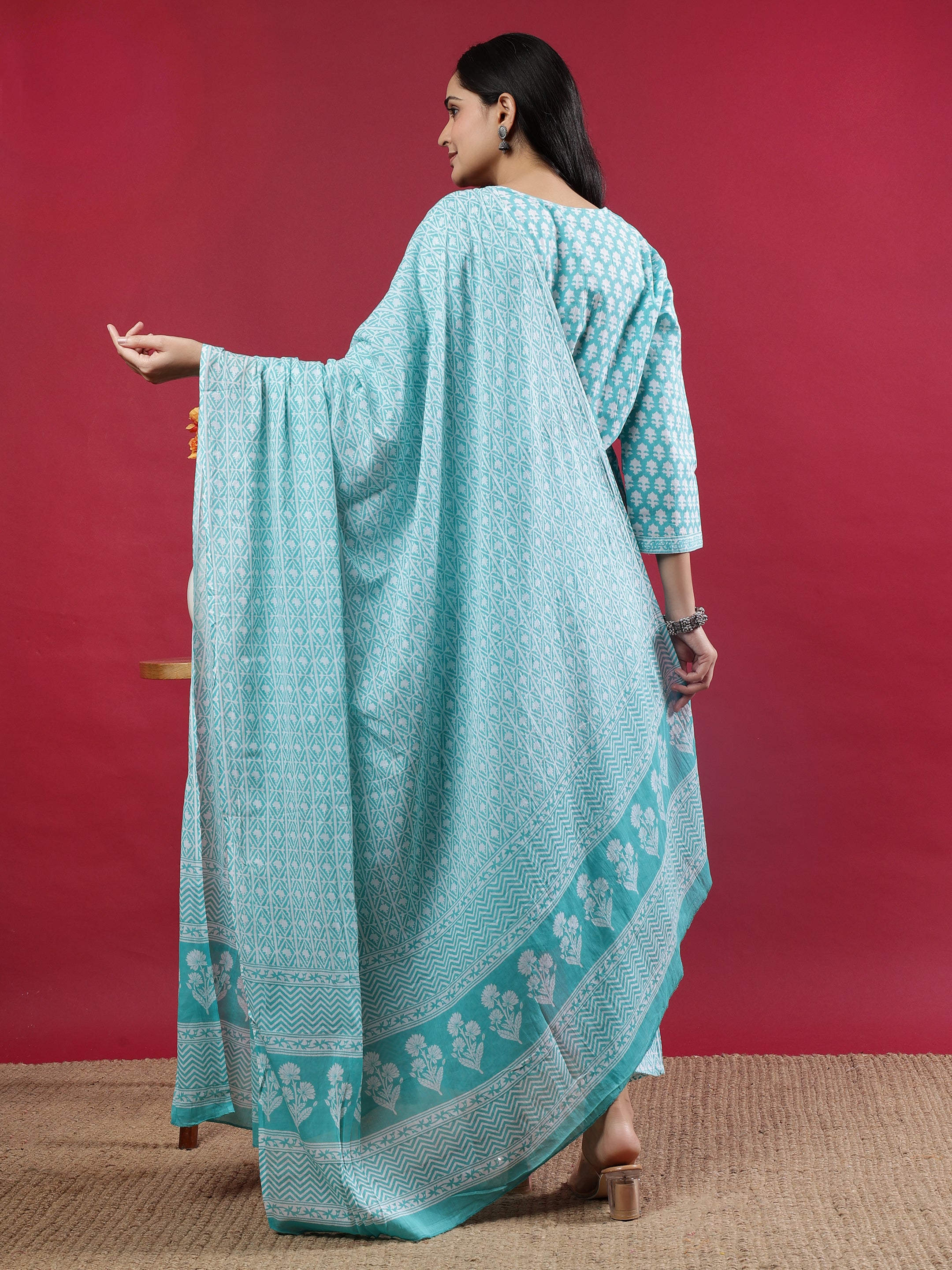 Teal Printed Rayon Kurta Set with Dupatta