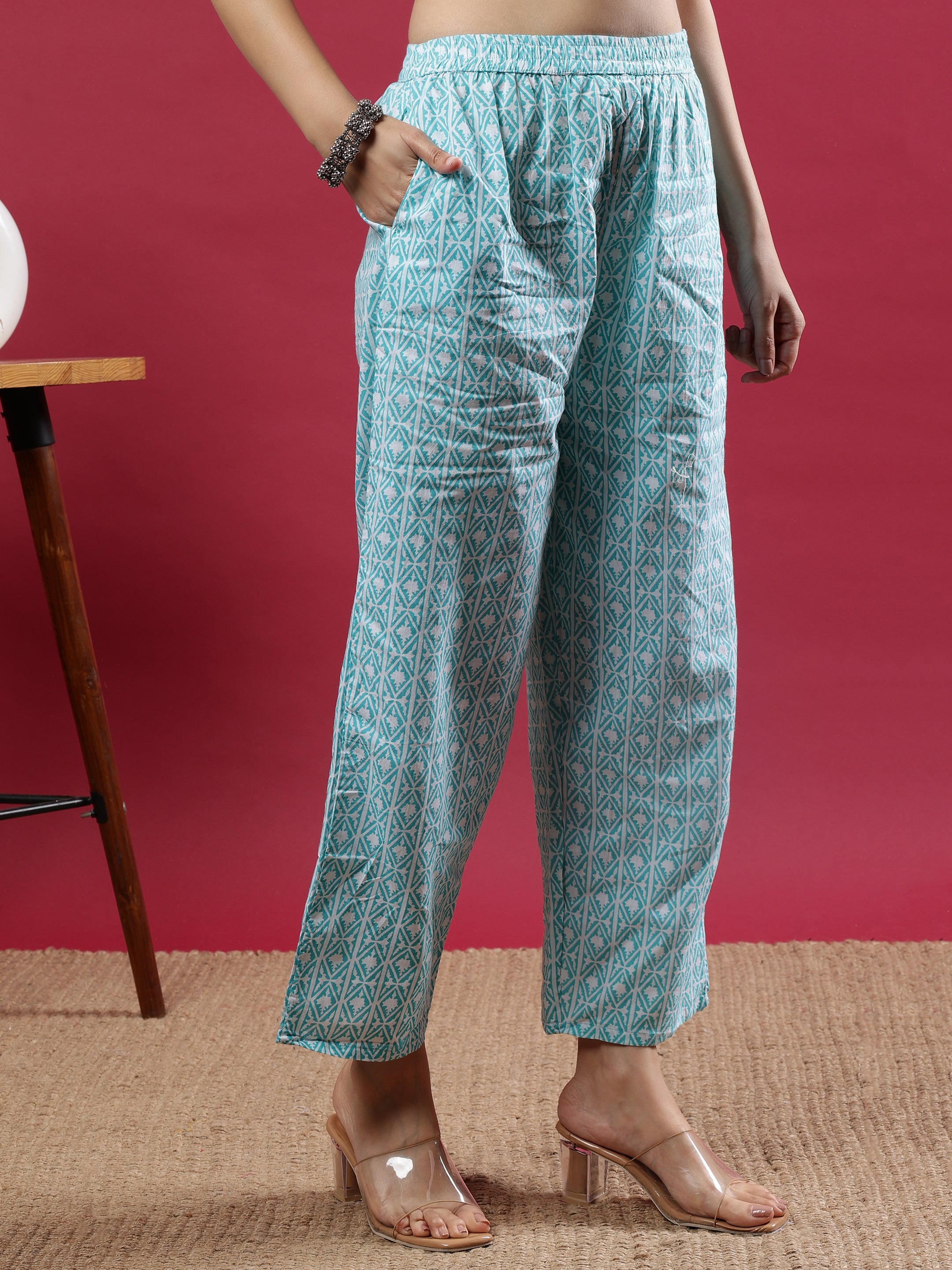 Teal Printed Rayon Kurta Set with Dupatta