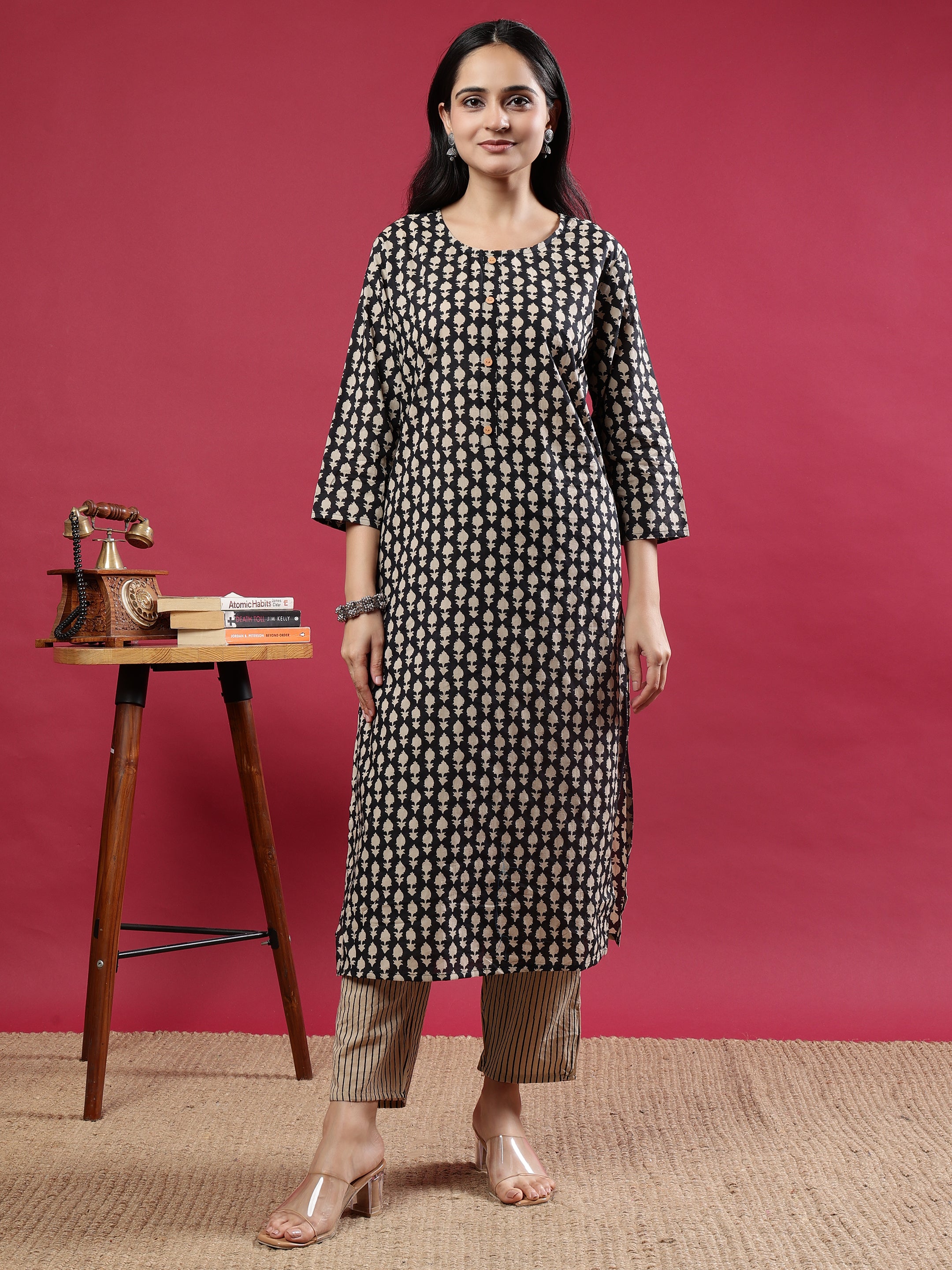 Black & Beige Printed Kurta Set with Dupatta