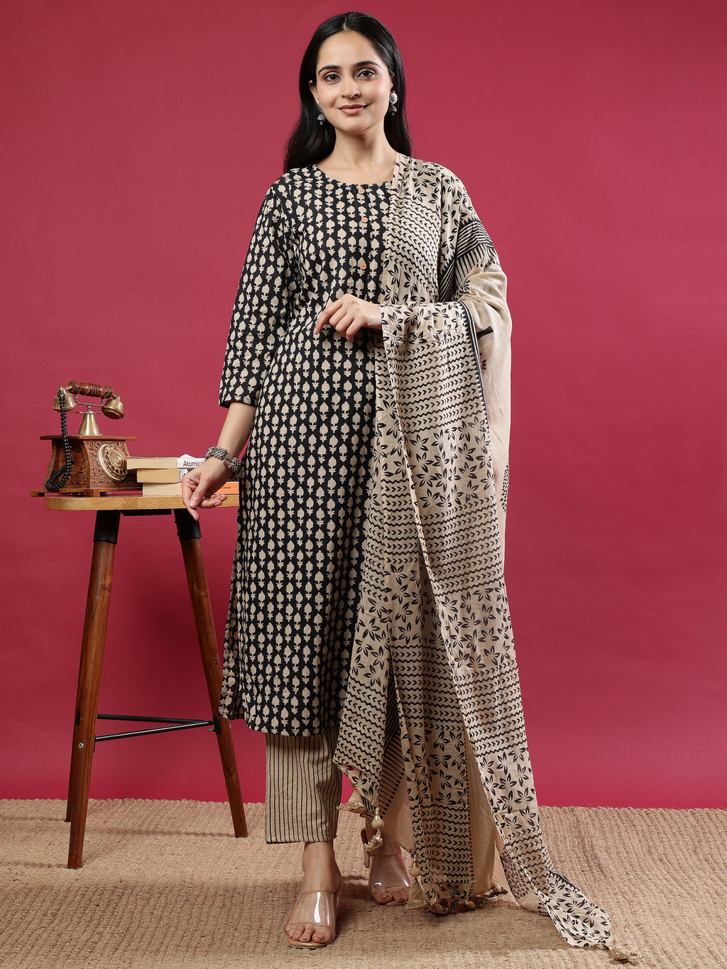 Black & Beige Printed Kurta Set with Dupatta Beige Rayon