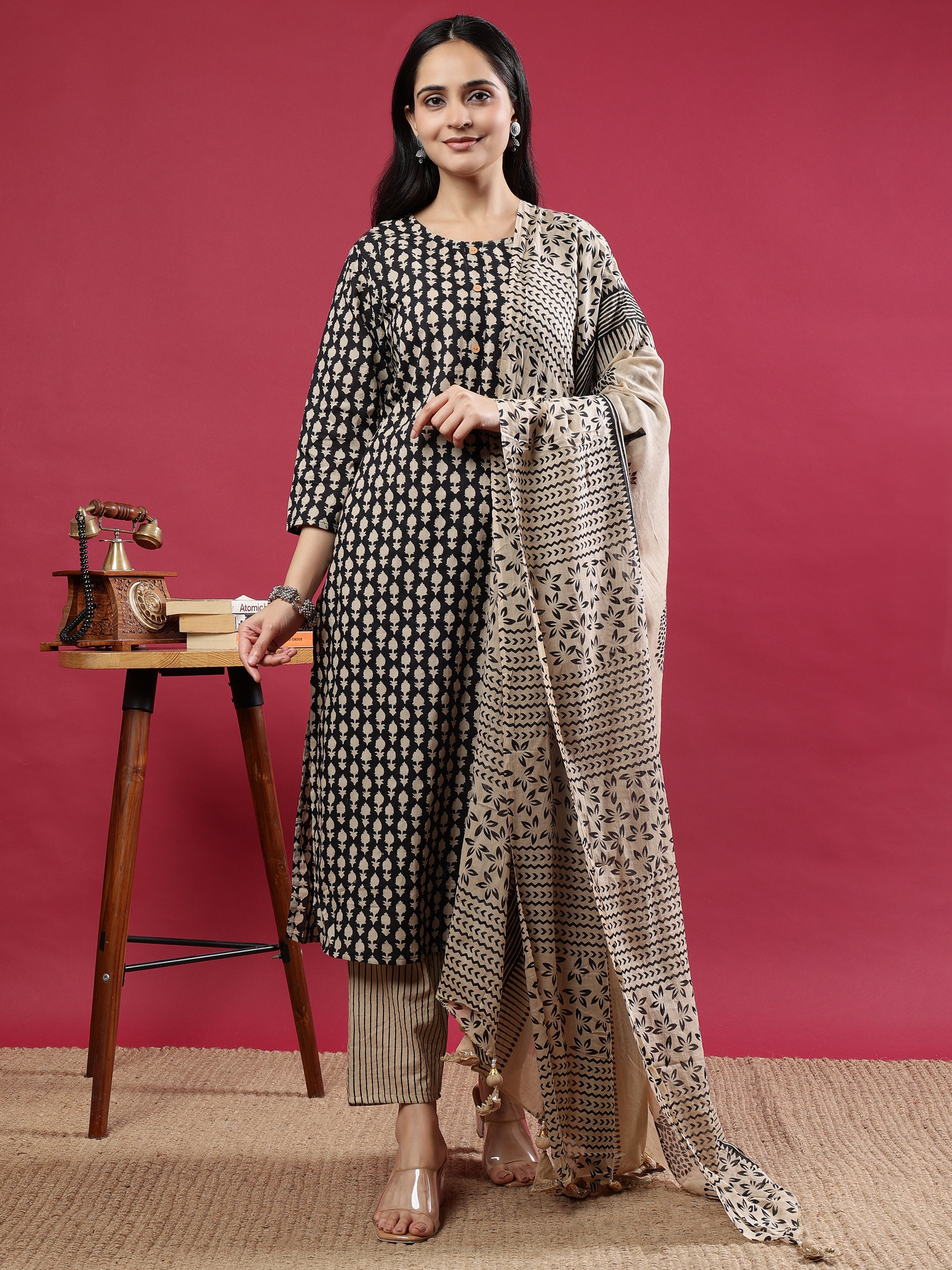 Black & Beige Printed Kurta Set with Dupatta Beige Rayon