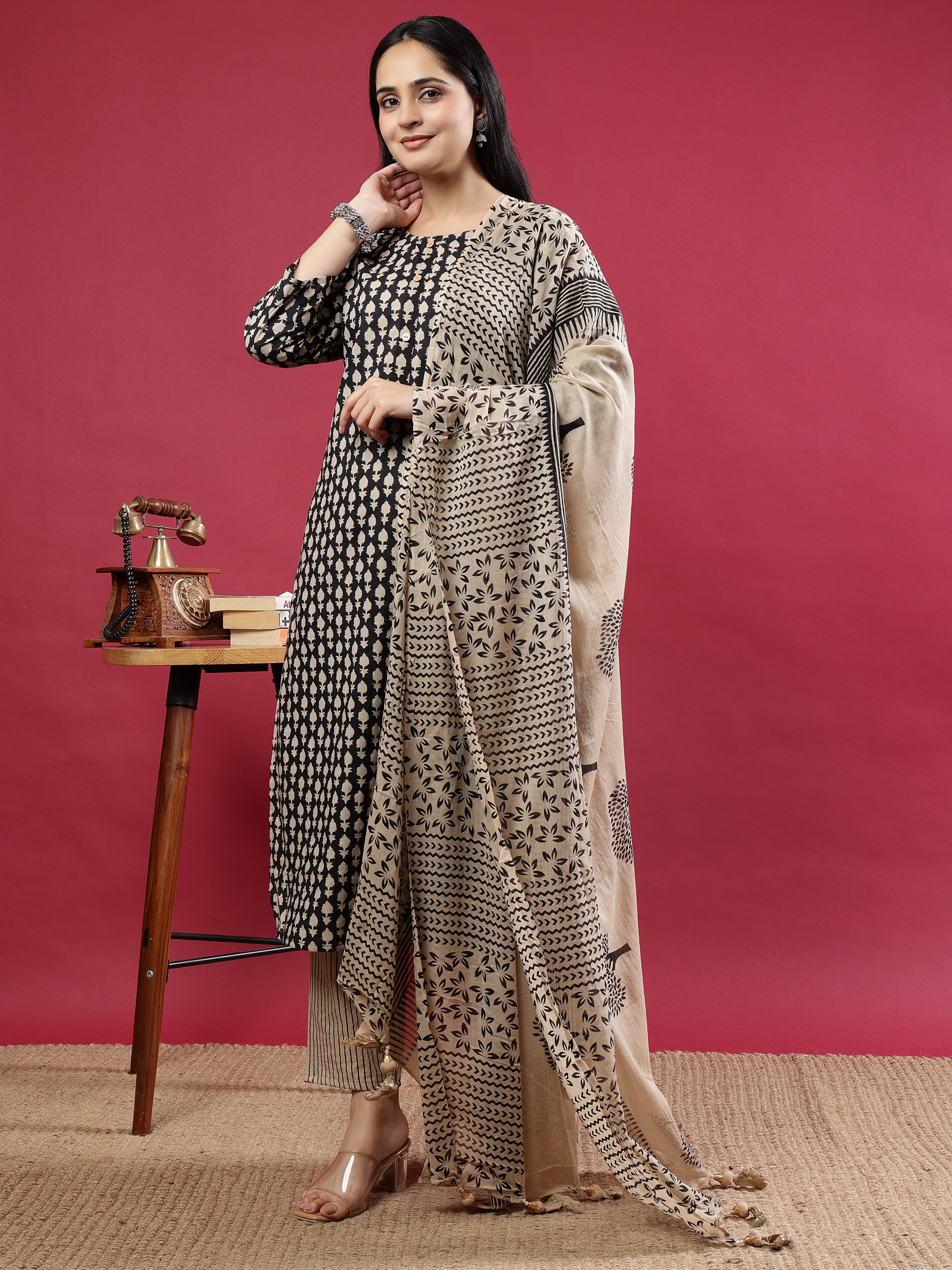 Black & Beige Printed Kurta Set with Dupatta