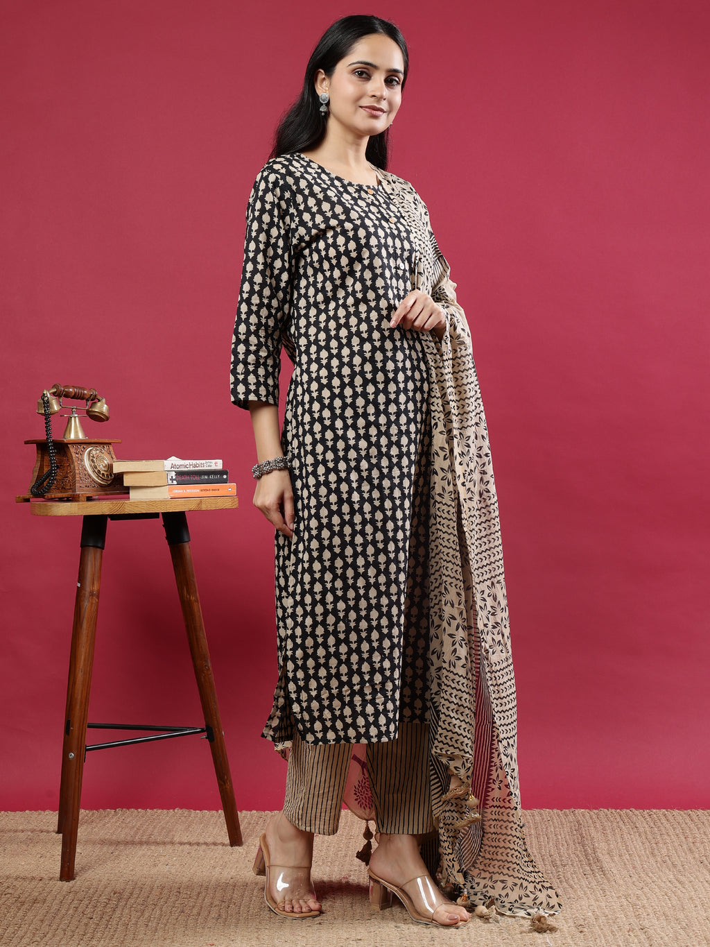 Black & Beige Printed Kurta Set with Dupatta