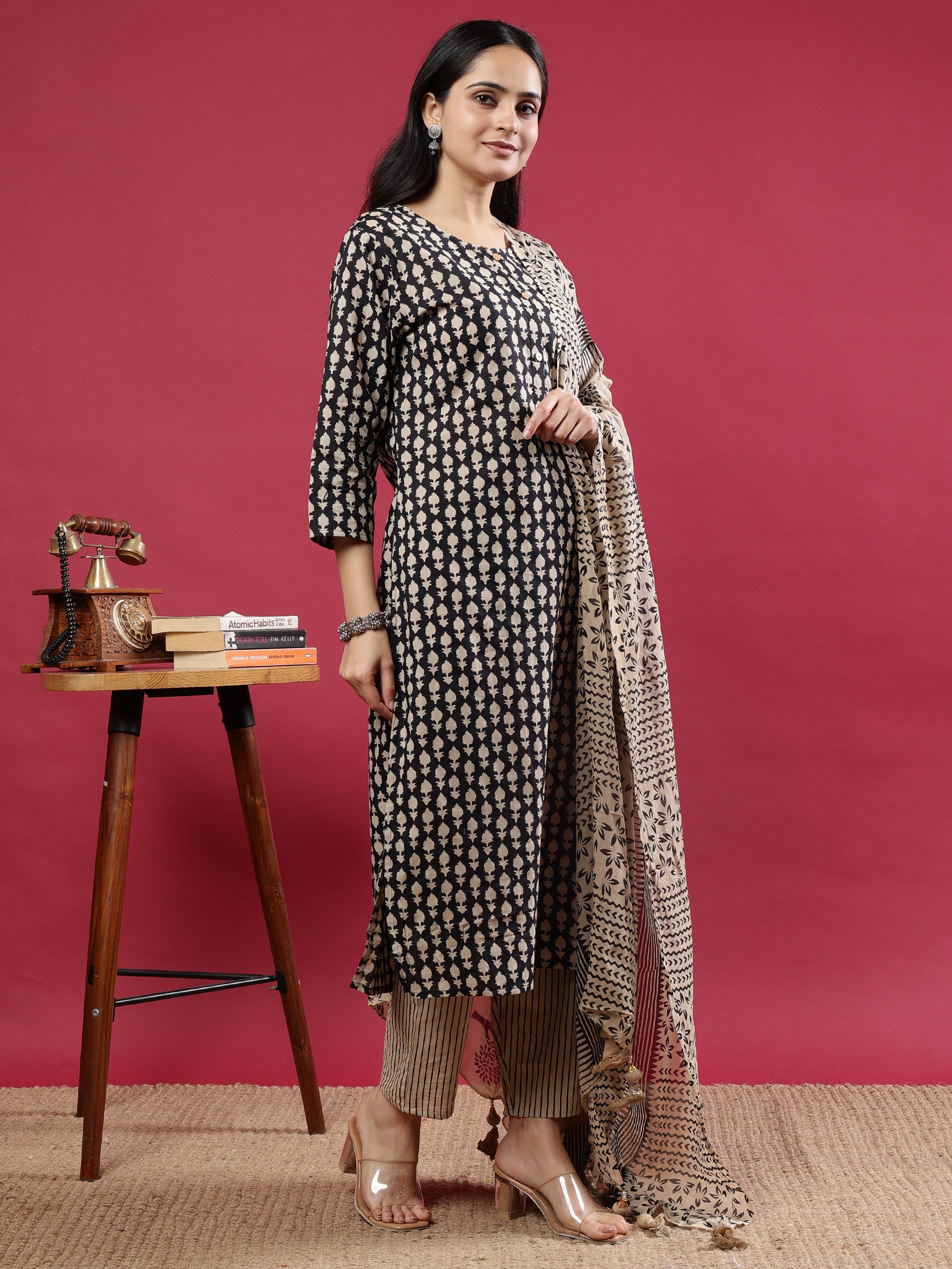 Black & Beige Printed Kurta Set with Dupatta