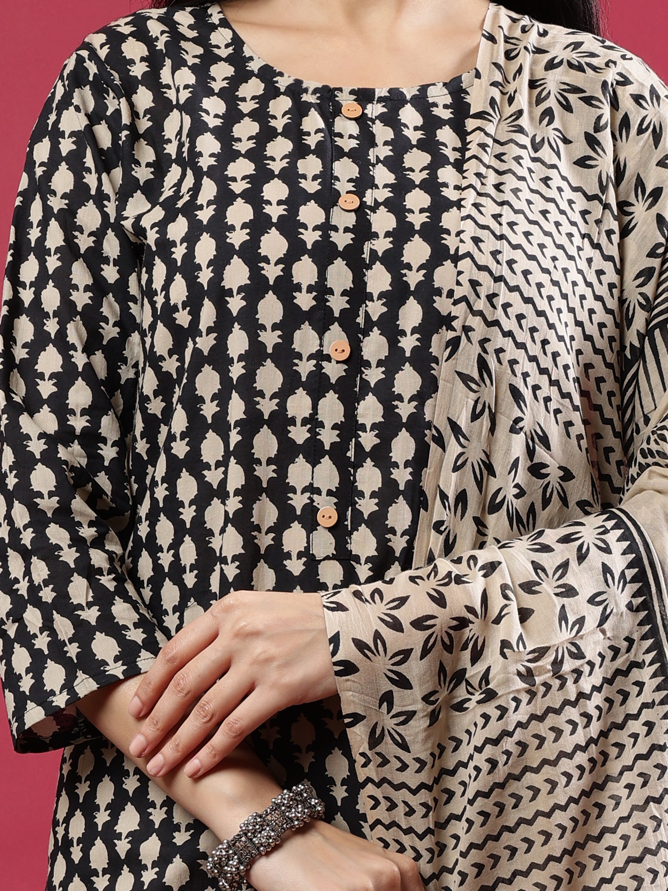 Black & Beige Printed Kurta Set with Dupatta