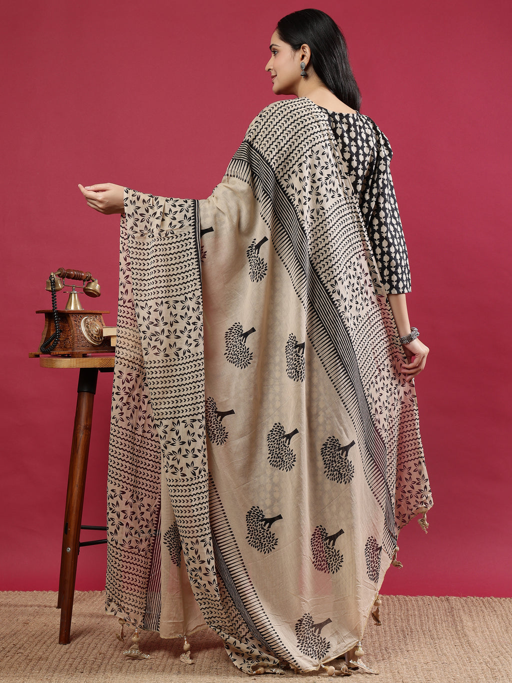 Black & Beige Printed Kurta Set with Dupatta