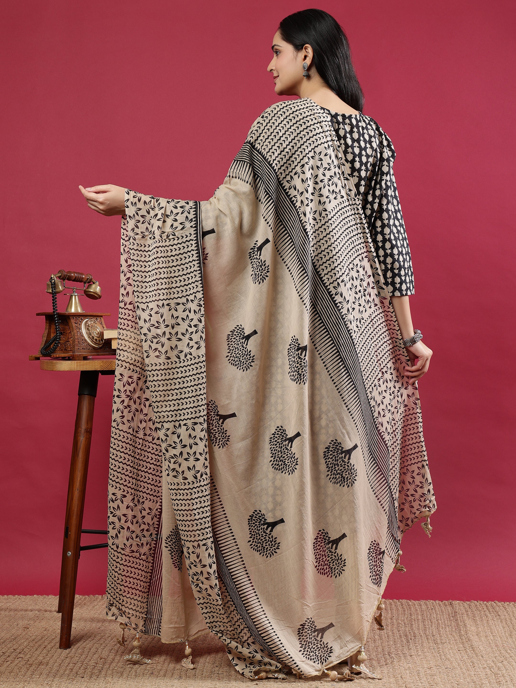 Black & Beige Printed Kurta Set with Dupatta