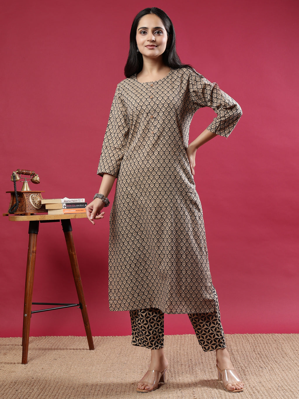 Cream & Black Geometric Printed Kurta Set with Ornate Dupatta