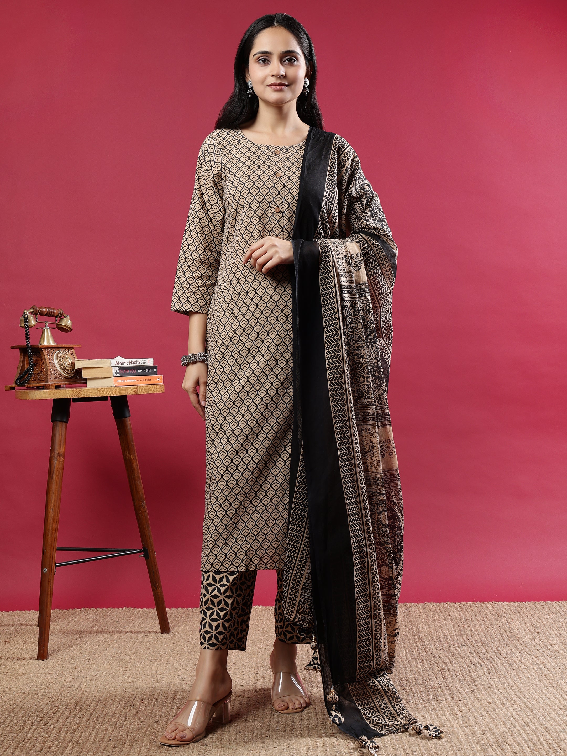 Cream & Black Geometric Printed Kurta Set with Ornate Dupatta Cream Rayon
