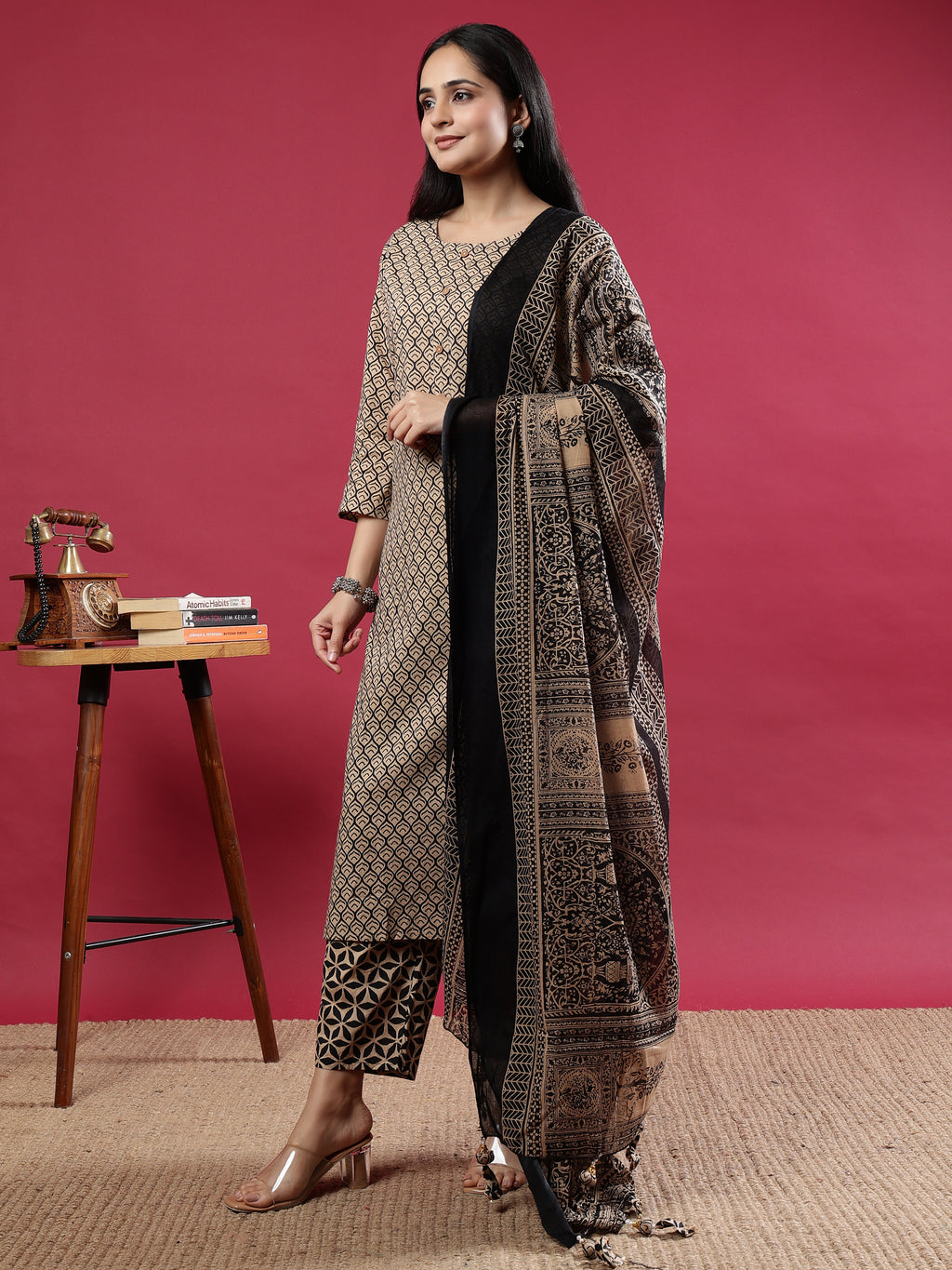 Cream & Black Geometric Printed Kurta Set with Ornate Dupatta