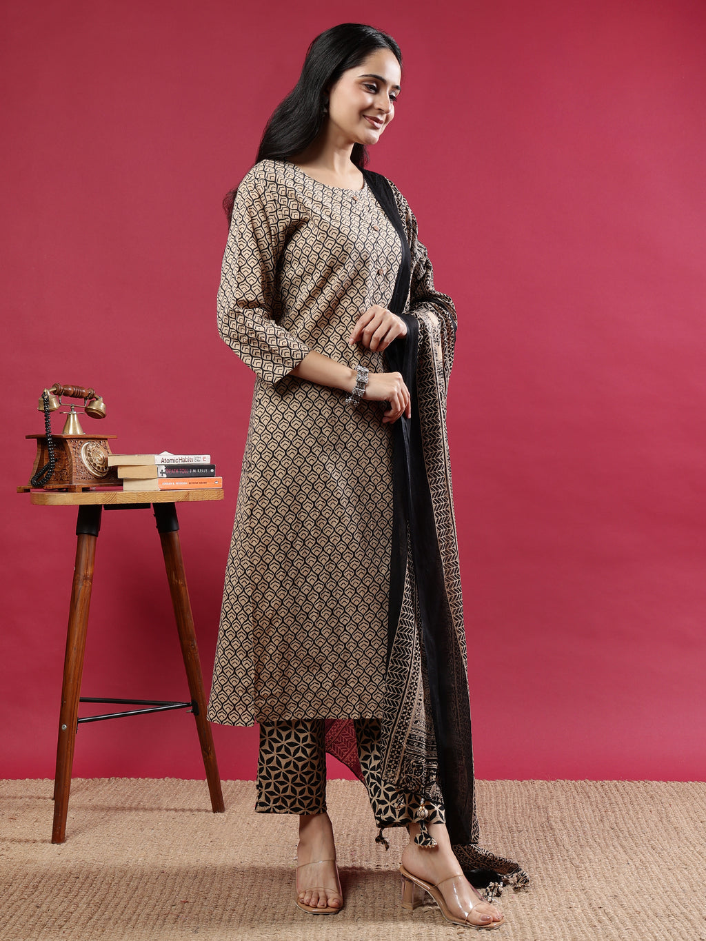Cream & Black Geometric Printed Kurta Set with Ornate Dupatta