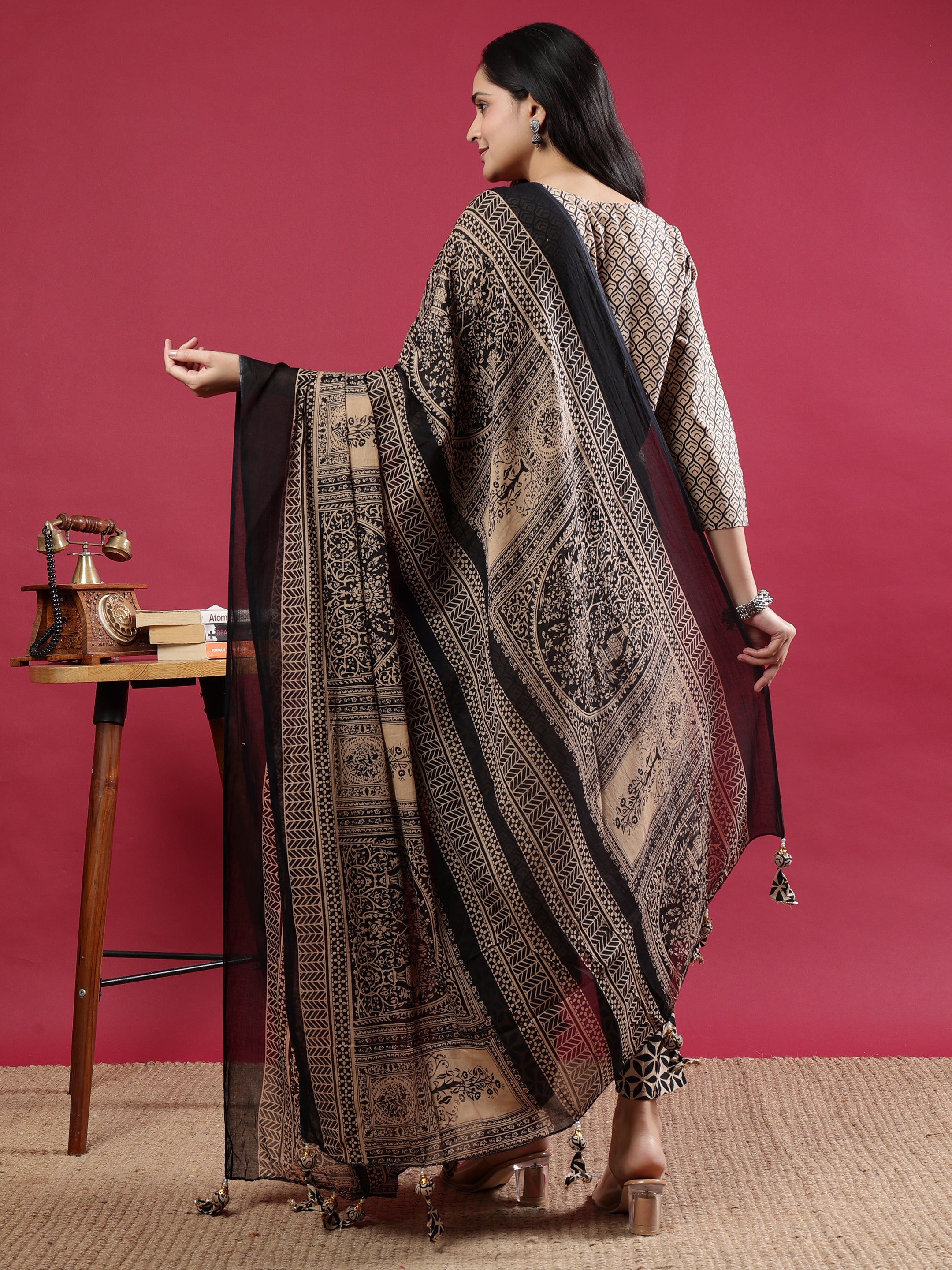 Cream & Black Geometric Printed Kurta Set with Ornate Dupatta