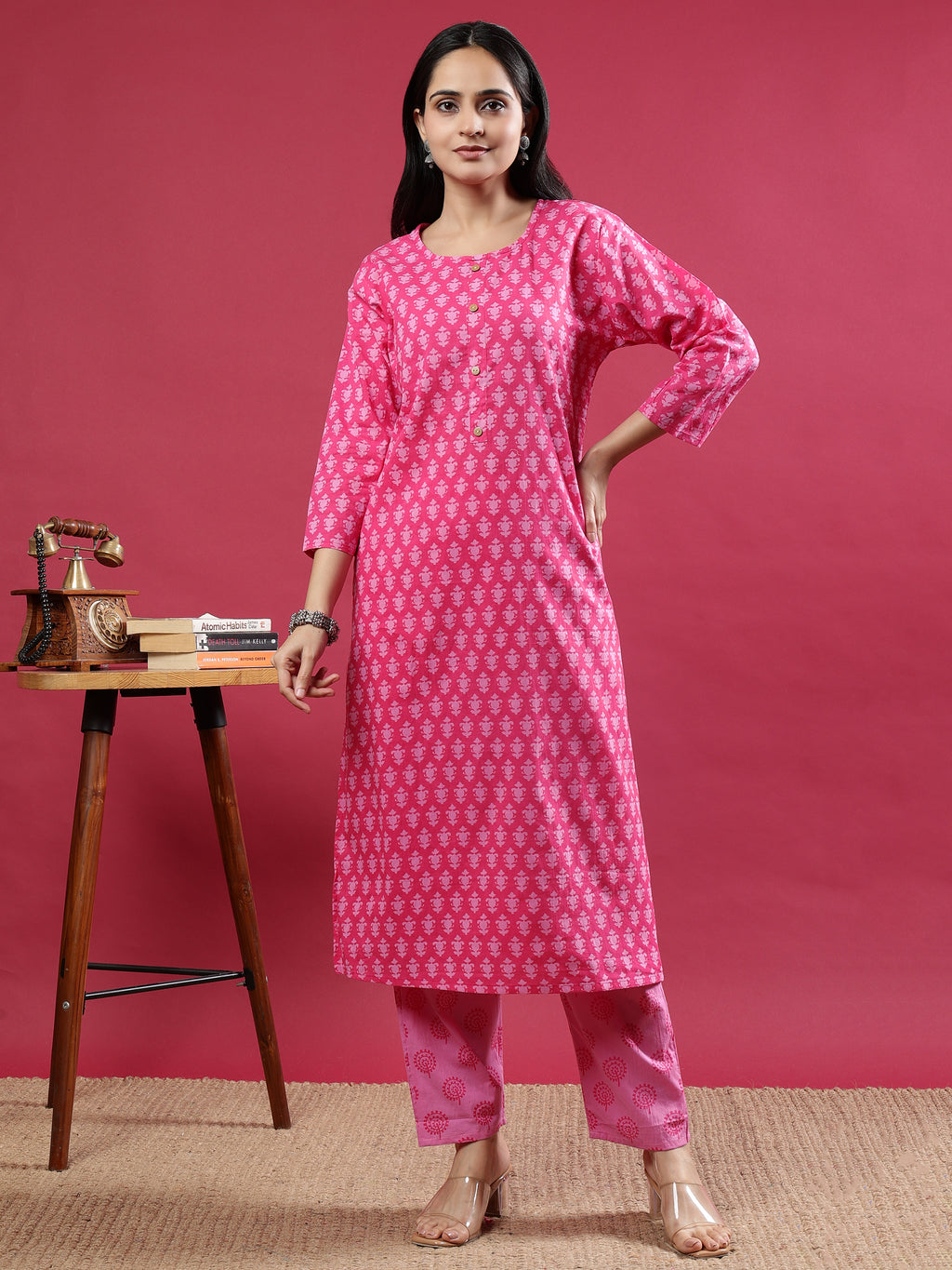 Pink Printed Rayon Kurta Set with Dupatta