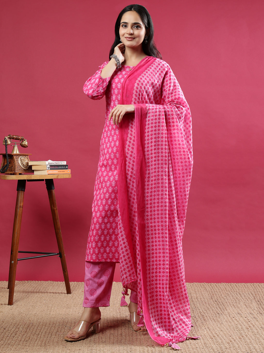Pink Printed Rayon Kurta Set with Dupatta Pink Rayon