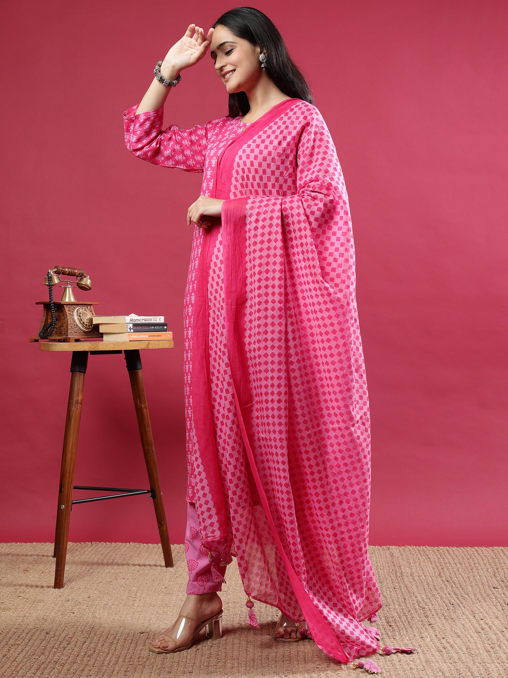 Pink Printed Rayon Kurta Set with Dupatta
