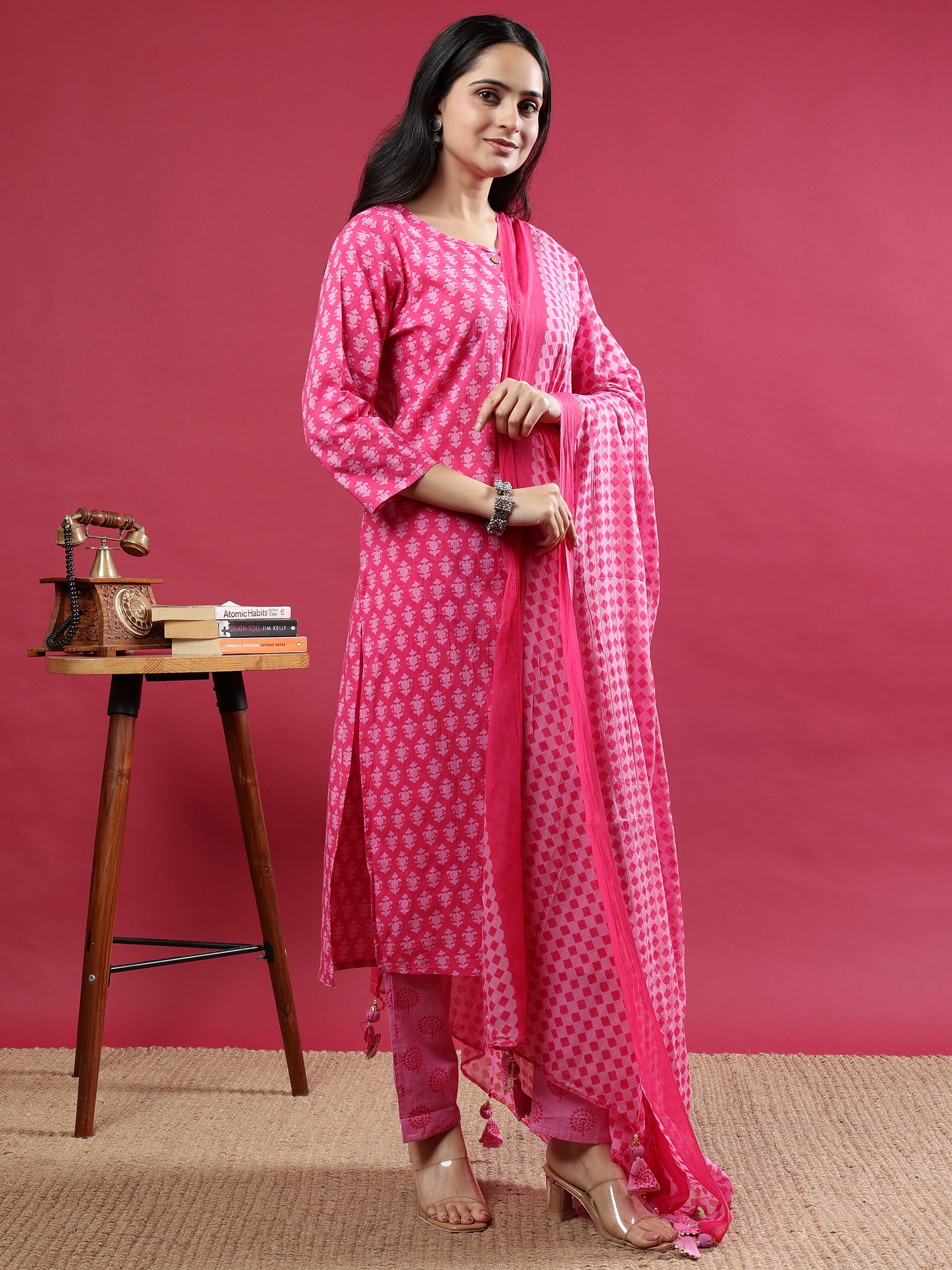 Pink Printed Rayon Kurta Set with Dupatta