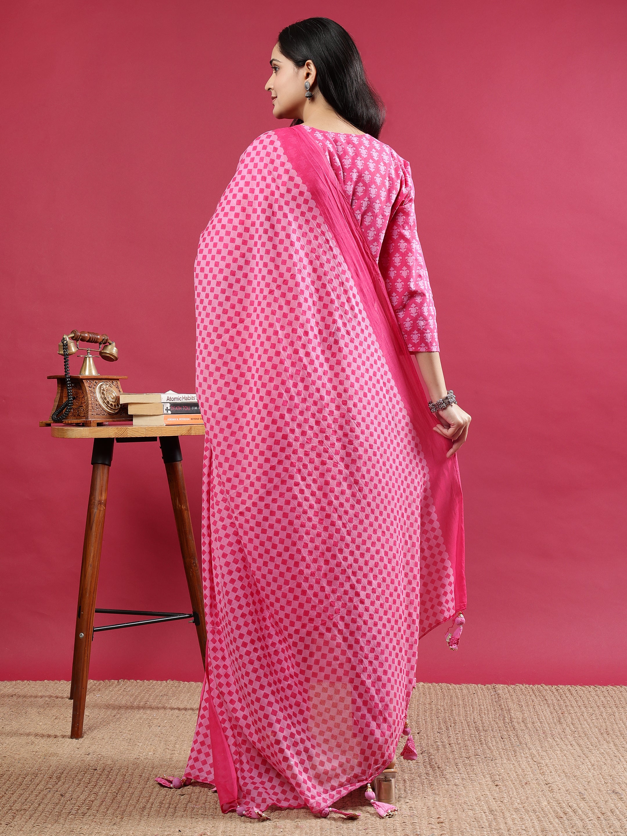 Pink Printed Rayon Kurta Set with Dupatta