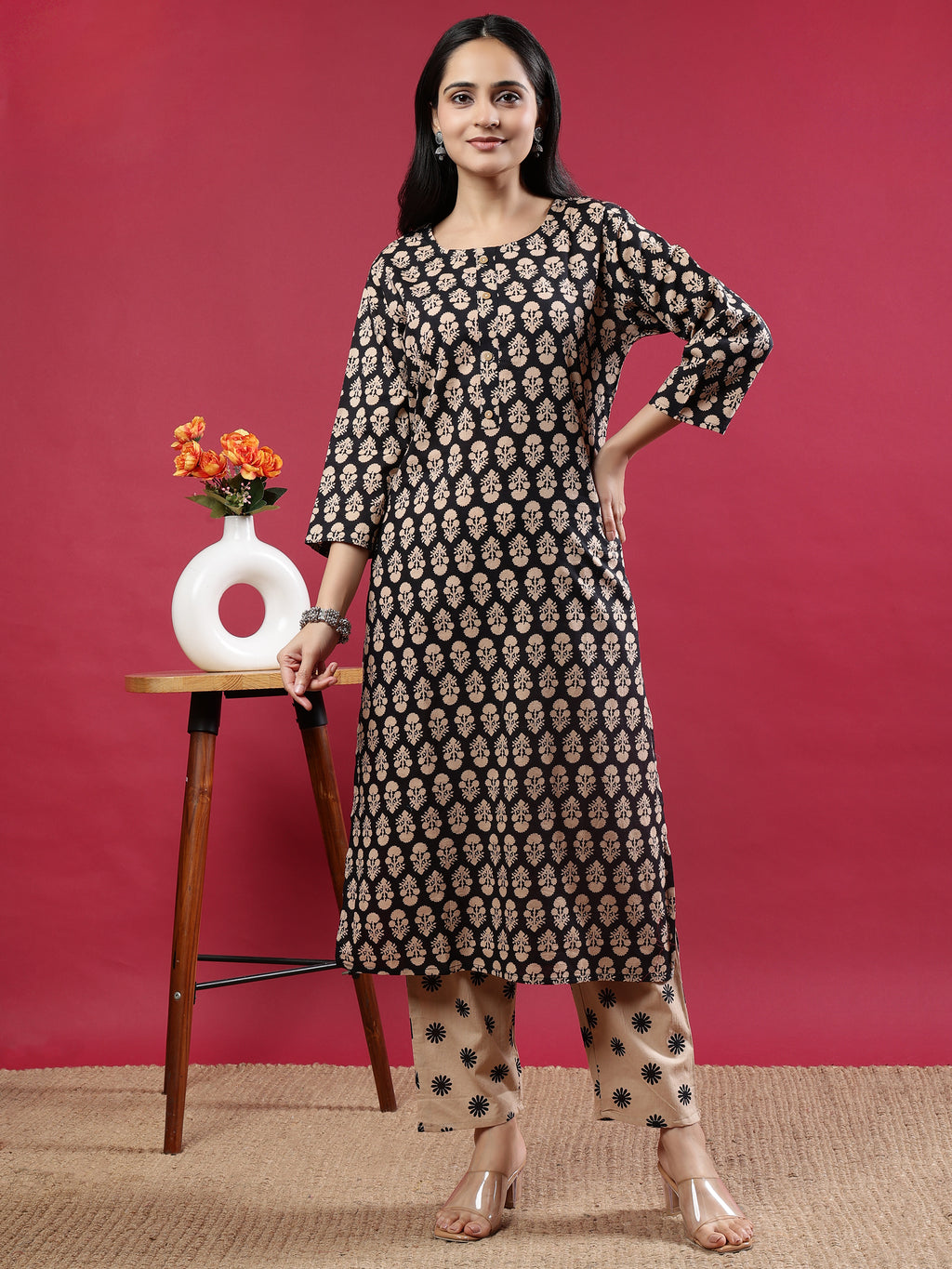 Black & Beige Floral Rayon Kurta Set with Dupatta