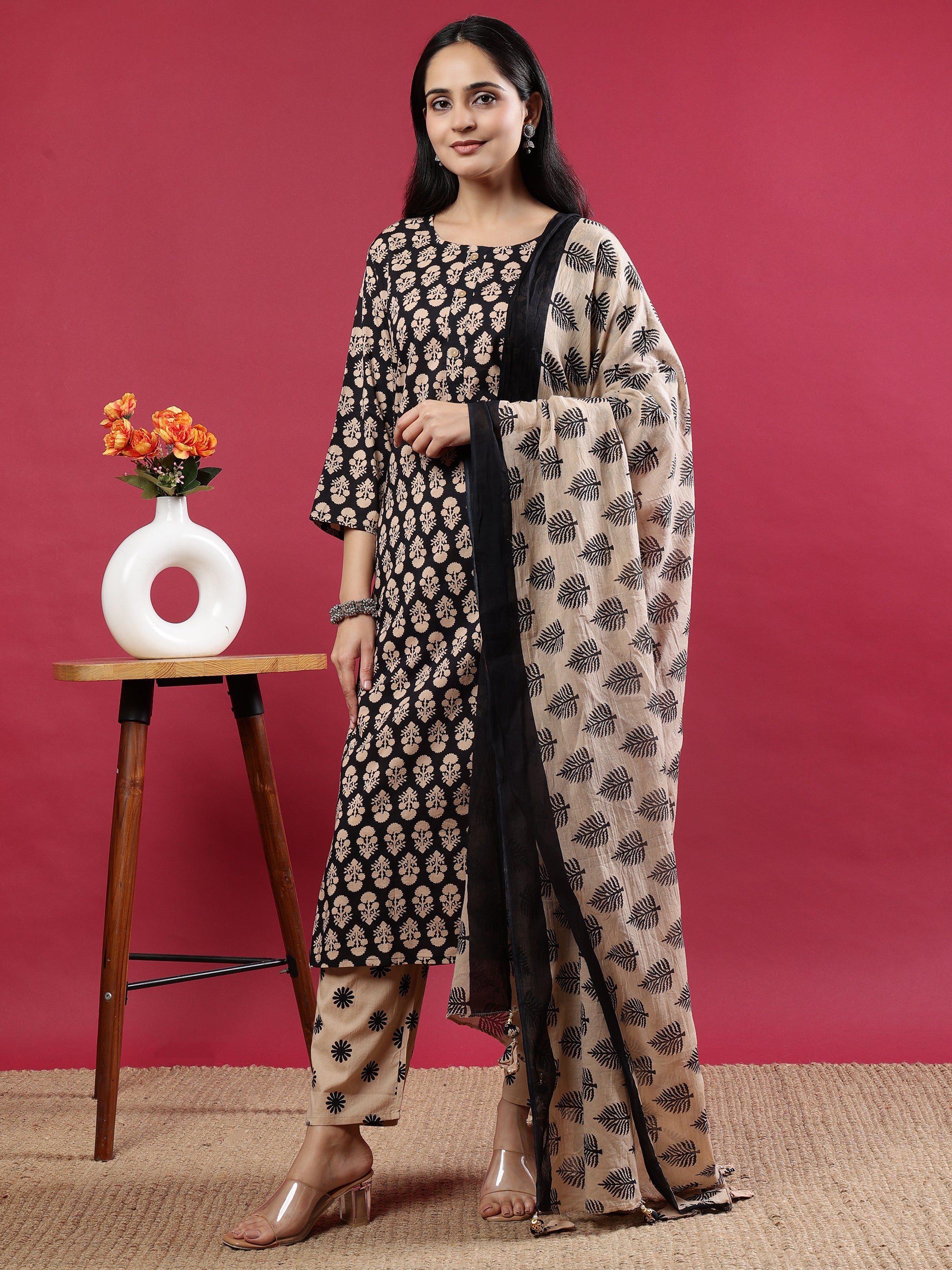 Black & Beige Floral Rayon Kurta Set with Dupatta Black Rayon