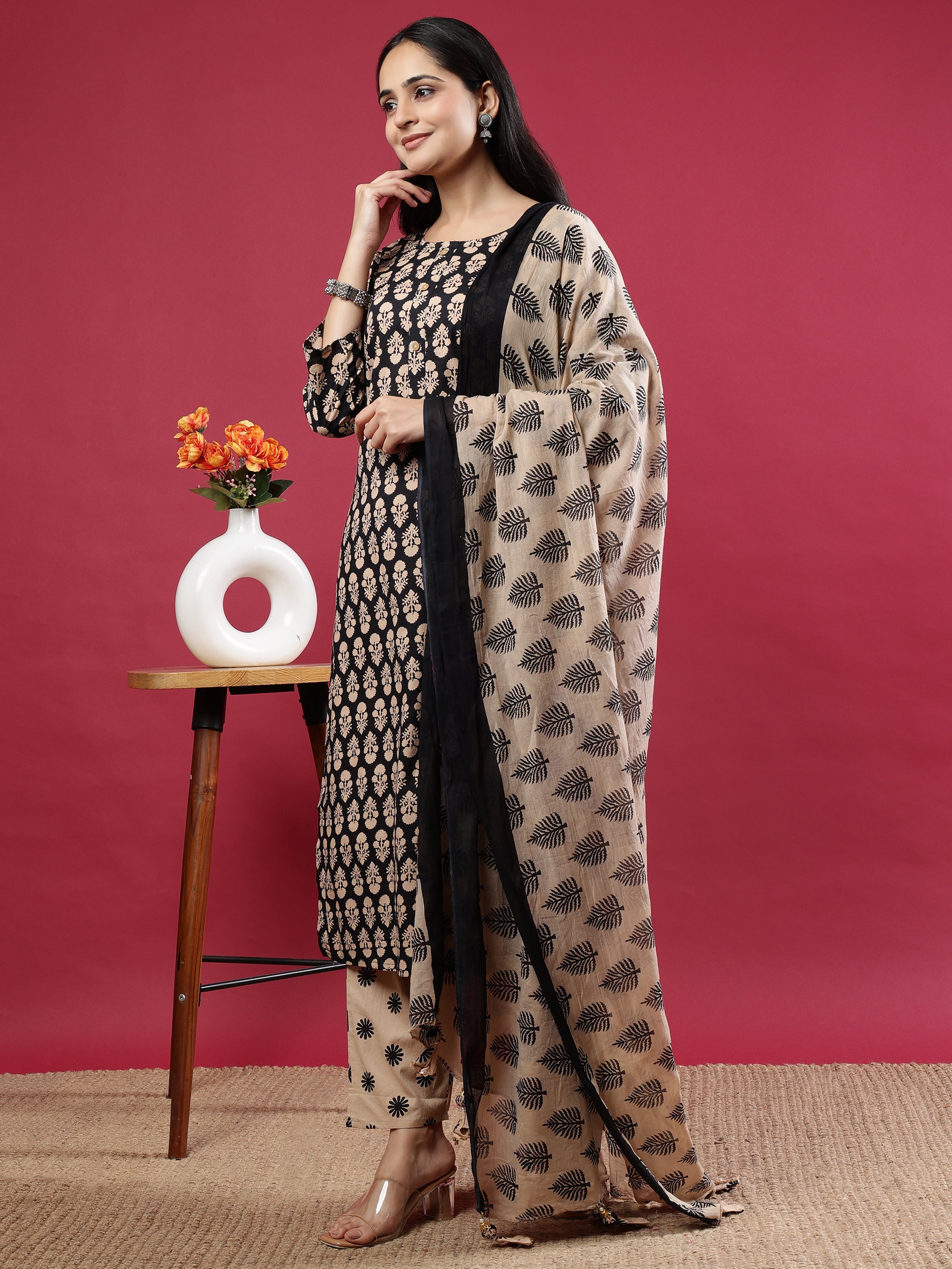 Black & Beige Floral Rayon Kurta Set with Dupatta