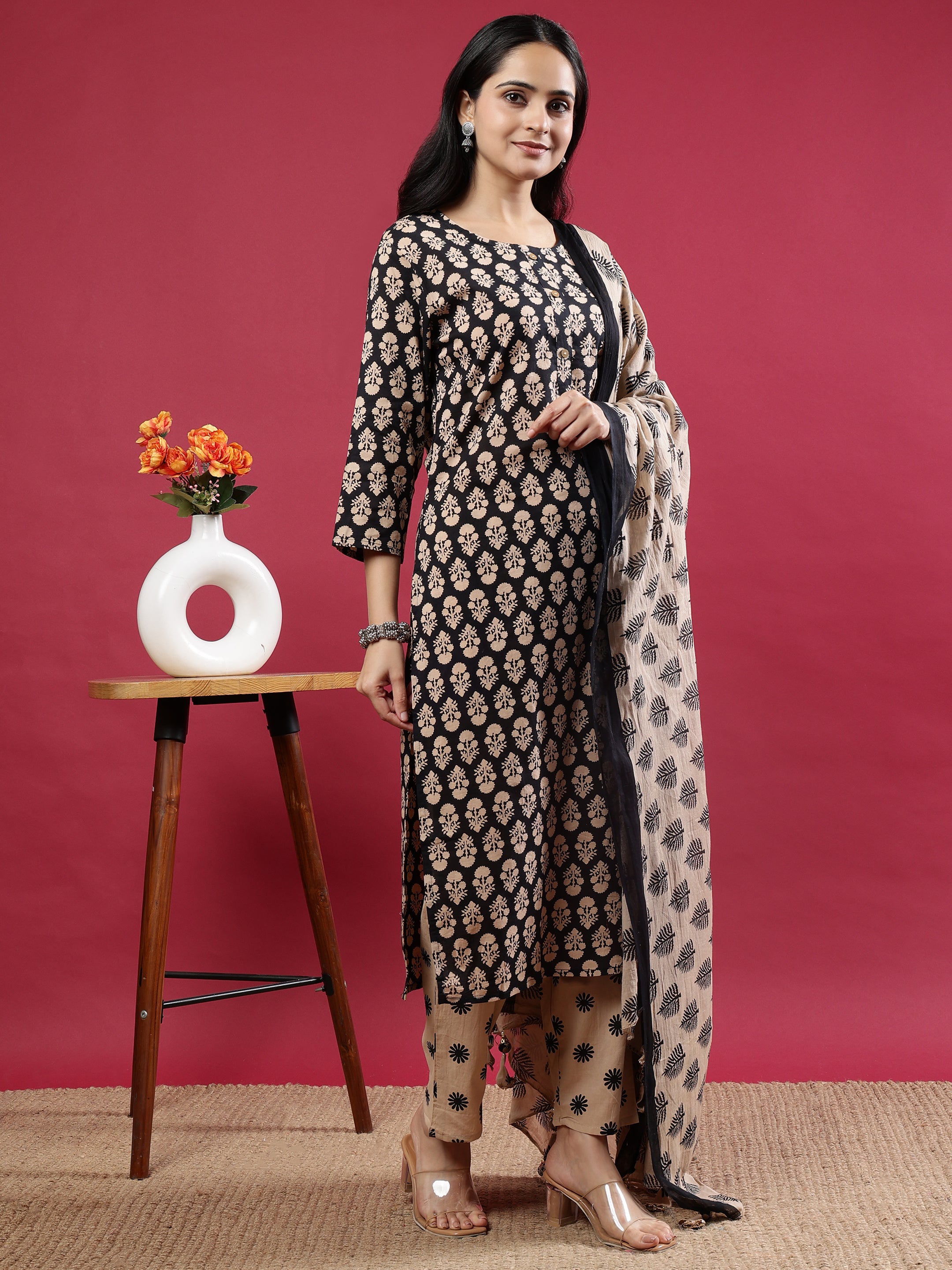 Black & Beige Floral Rayon Kurta Set with Dupatta