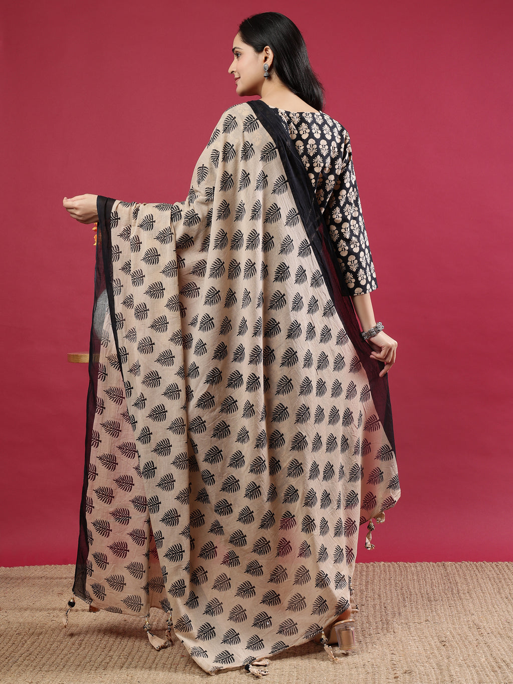 Black & Beige Floral Rayon Kurta Set with Dupatta