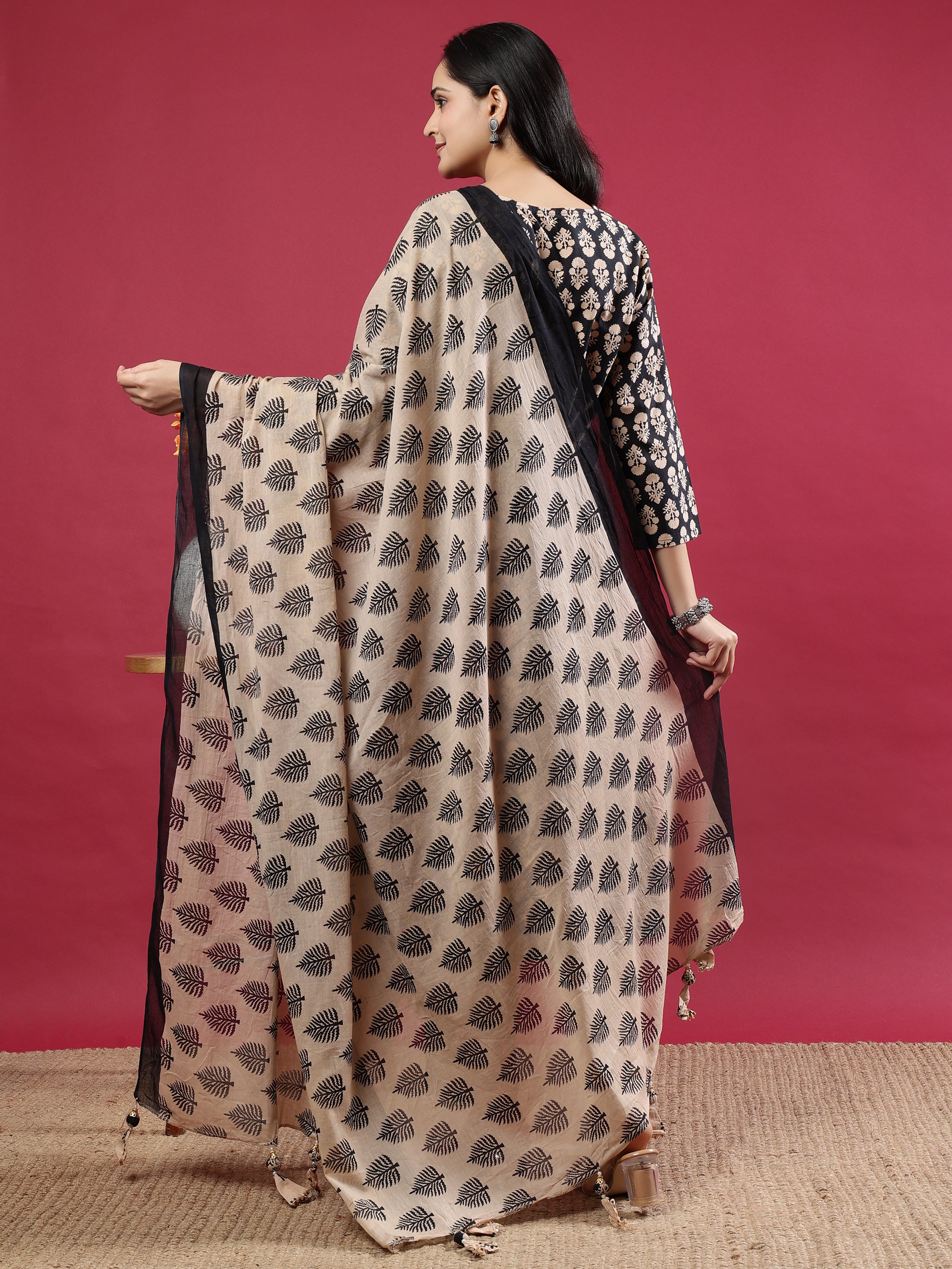 Black & Beige Floral Rayon Kurta Set with Dupatta