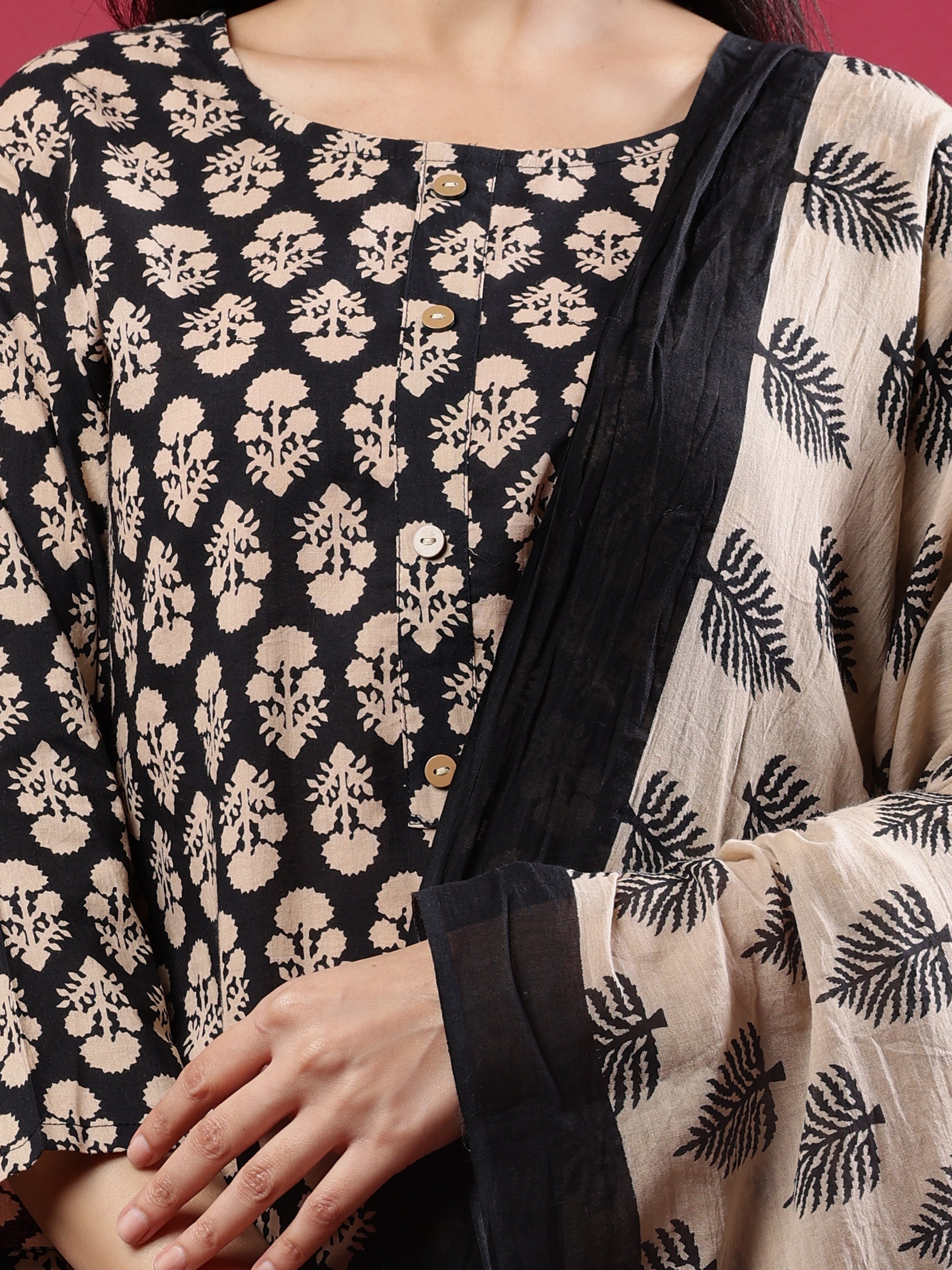 Black & Beige Floral Rayon Kurta Set with Dupatta