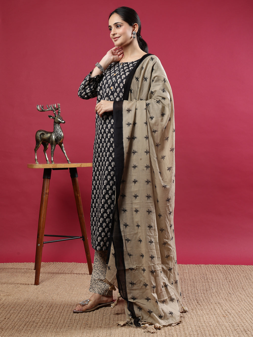 Elegant Black & Beige Rayon Kurta Set with Printed Dupatta