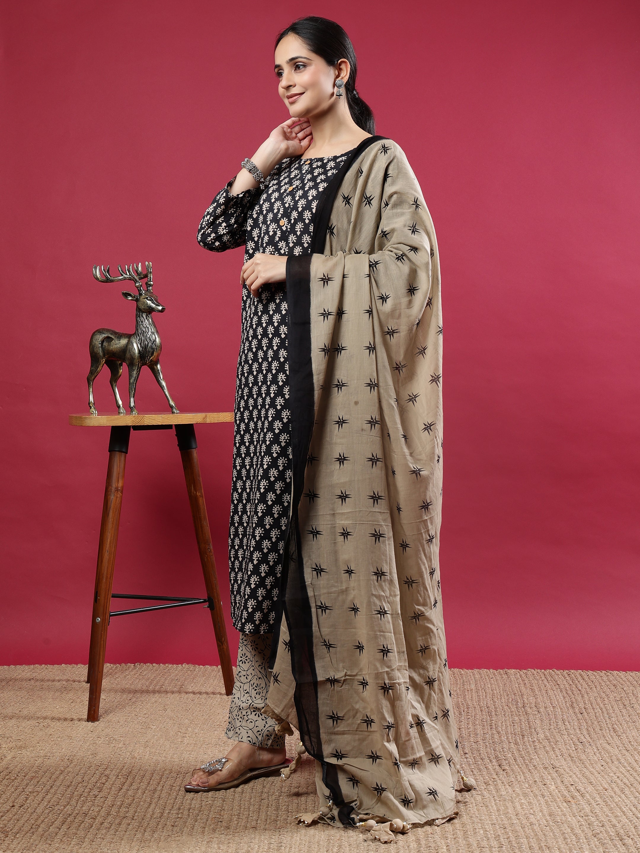 Elegant Black & Beige Rayon Kurta Set with Printed Dupatta