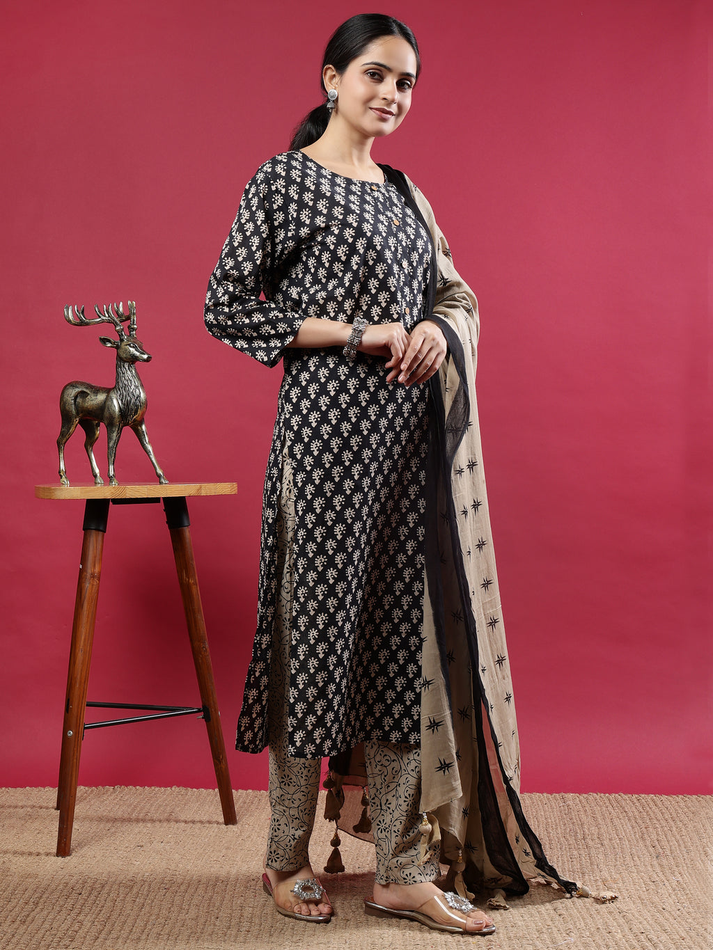 Elegant Black & Beige Rayon Kurta Set with Printed Dupatta