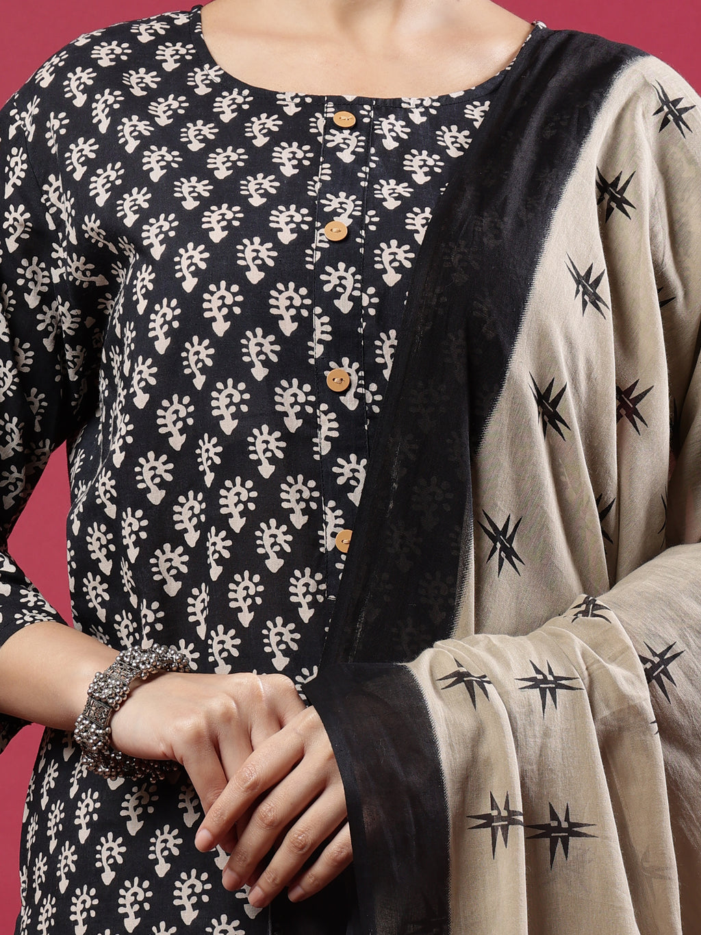 Elegant Black & Beige Rayon Kurta Set with Printed Dupatta