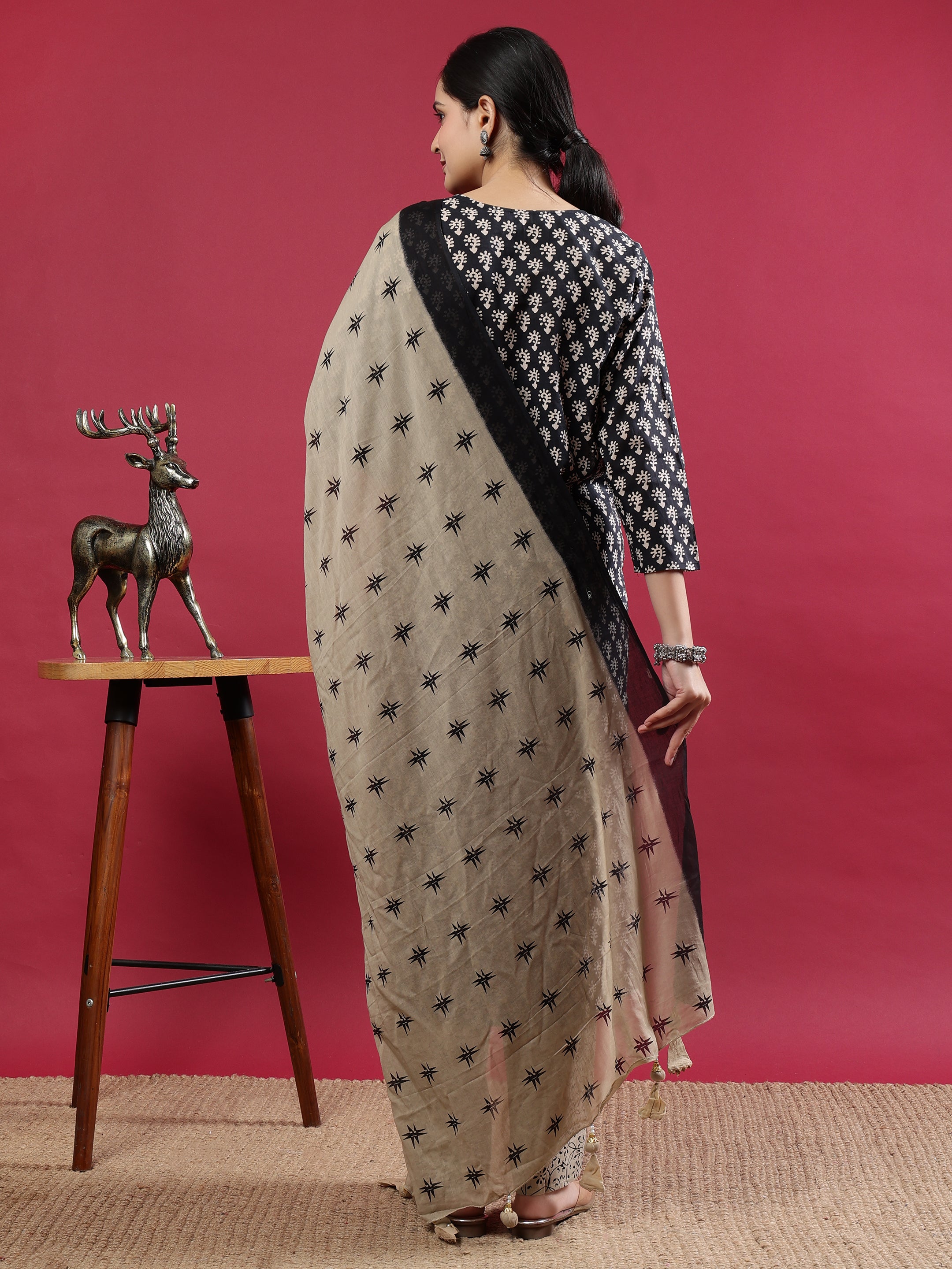 Elegant Black & Beige Rayon Kurta Set with Printed Dupatta