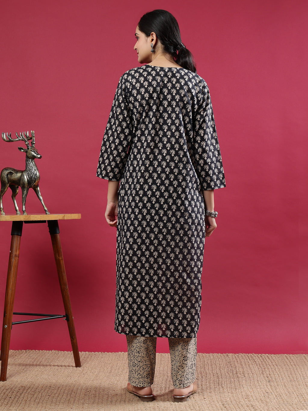 Elegant Black & Beige Rayon Kurta Set with Printed Dupatta