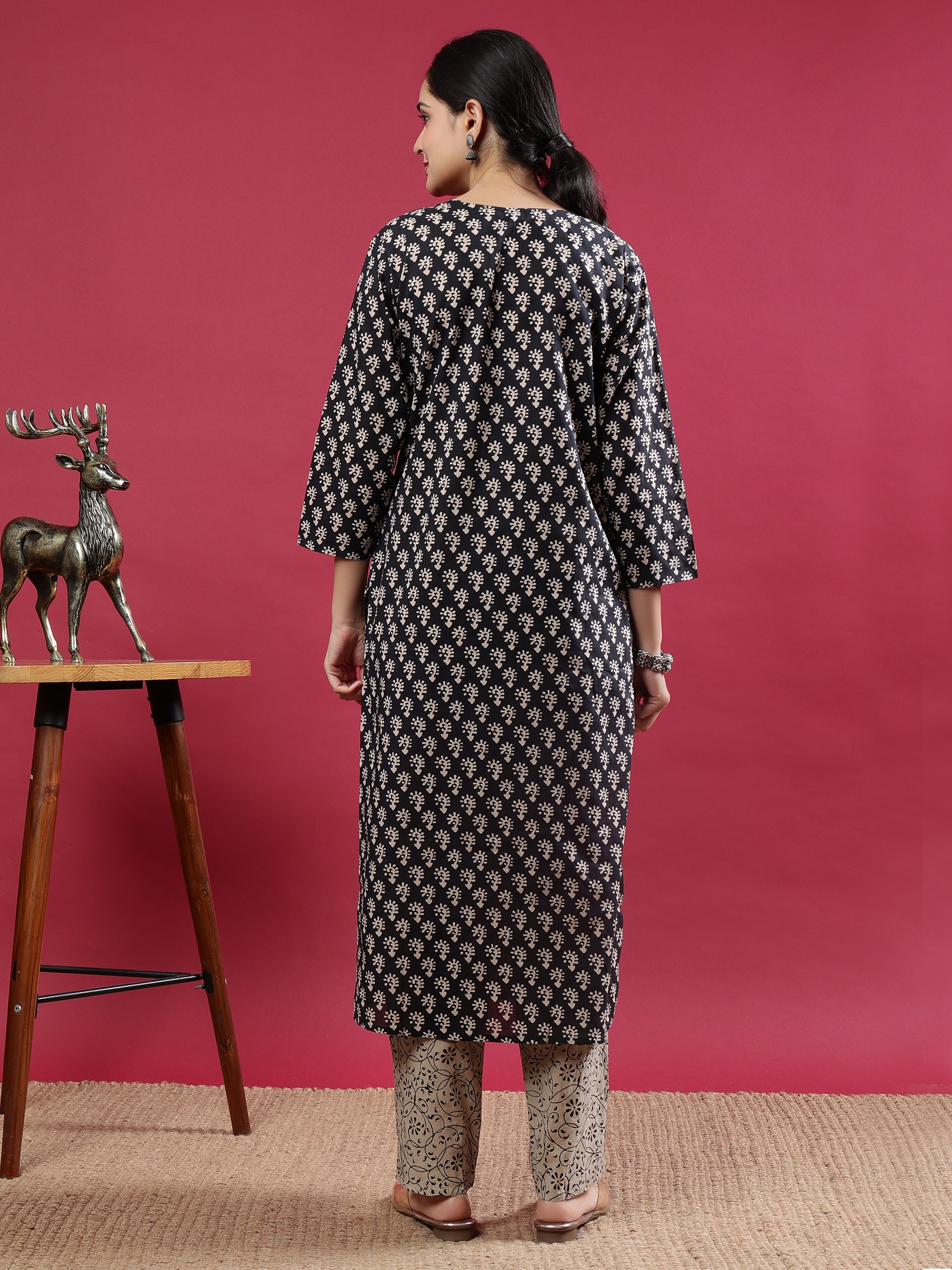 Elegant Black & Beige Rayon Kurta Set with Printed Dupatta