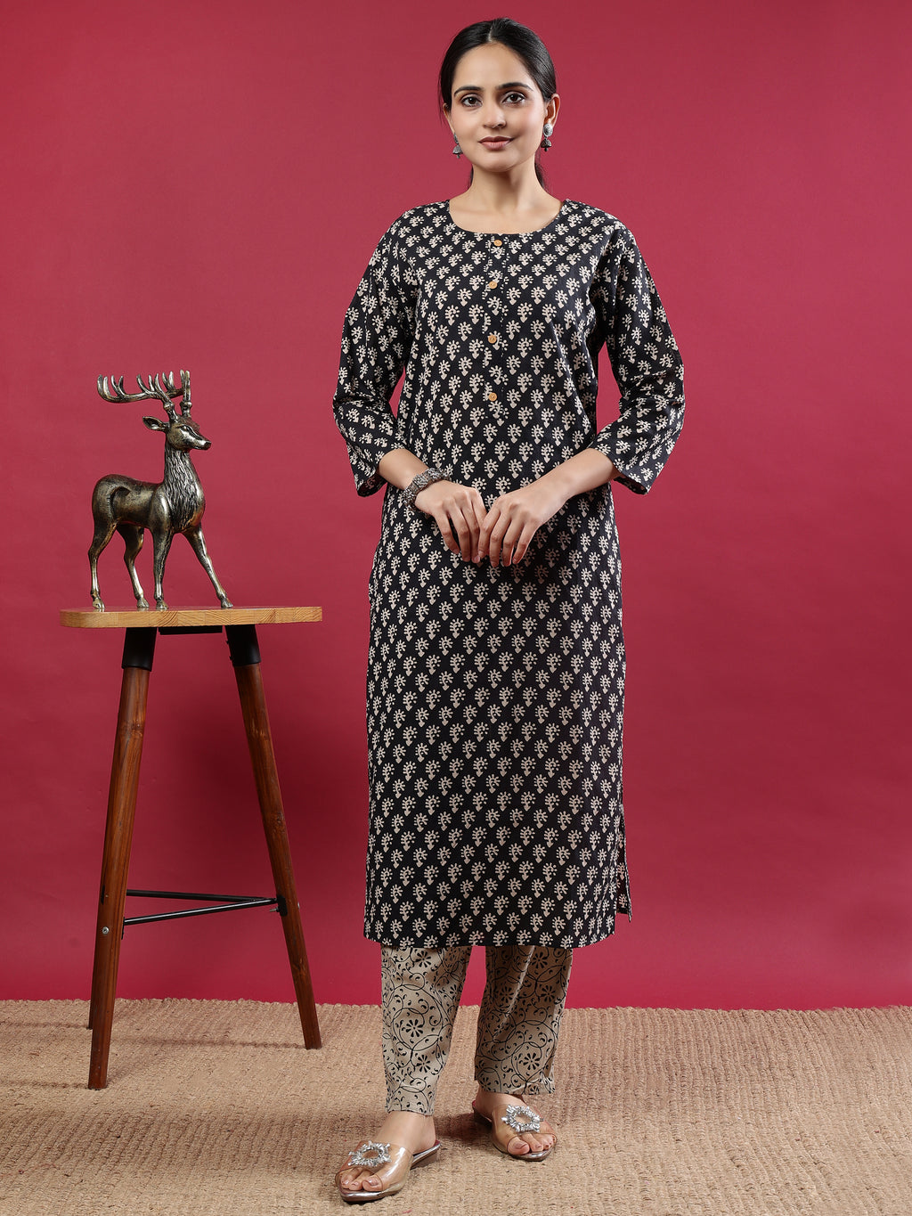 Elegant Black & Beige Rayon Kurta Set with Printed Dupatta