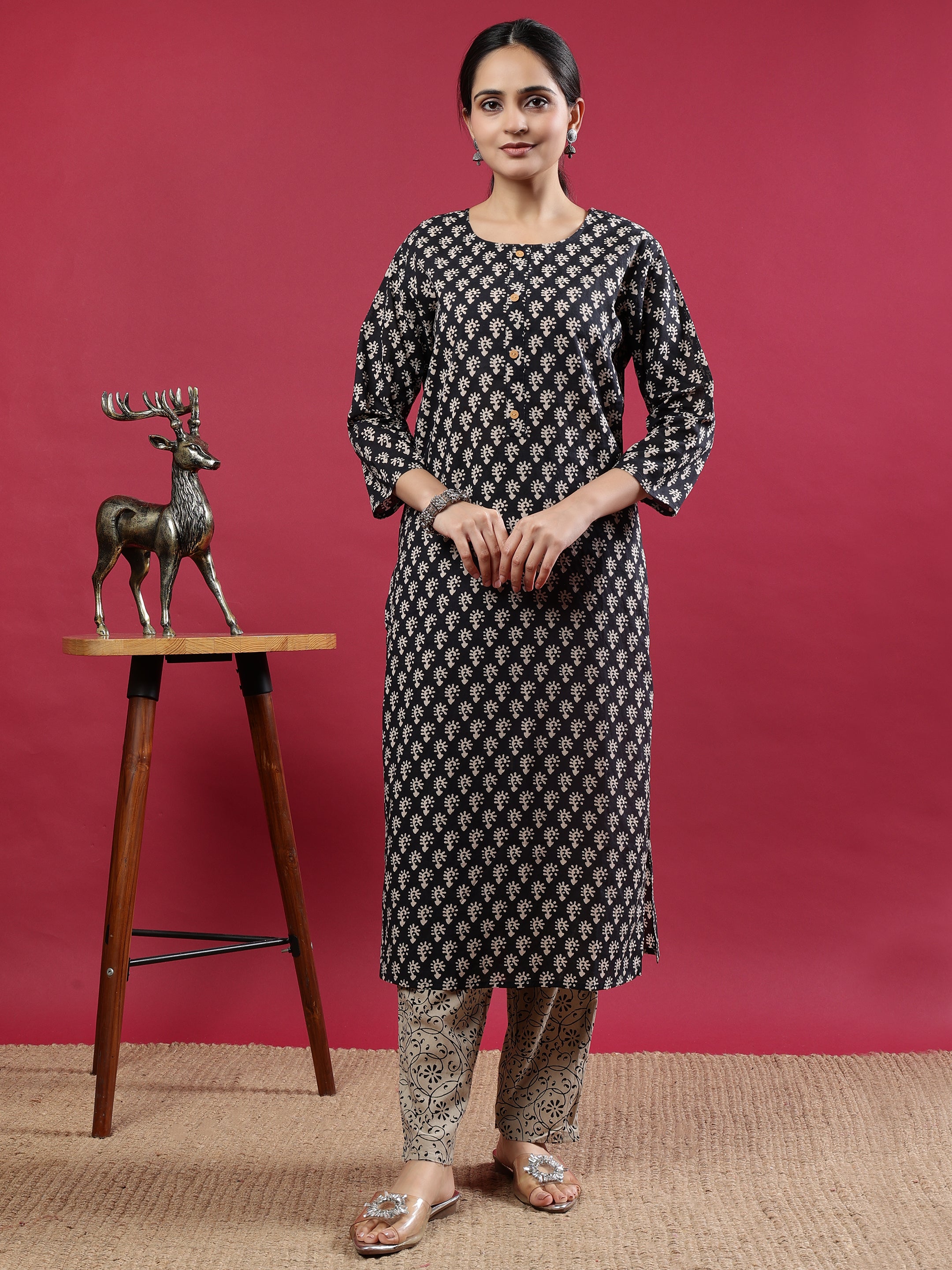Elegant Black & Beige Rayon Kurta Set with Printed Dupatta