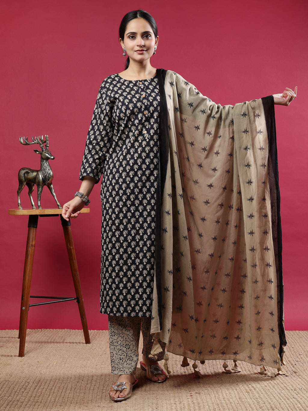 Elegant Black & Beige Rayon Kurta Set with Printed Dupatta Black Rayon