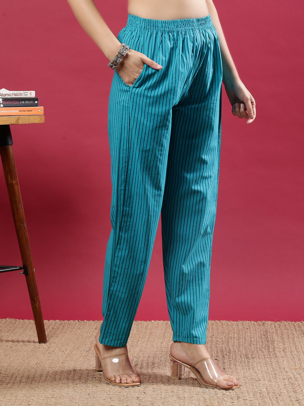 Blue Printed Rayon Kurta Set with Striped Pants & Tassel Dupatta