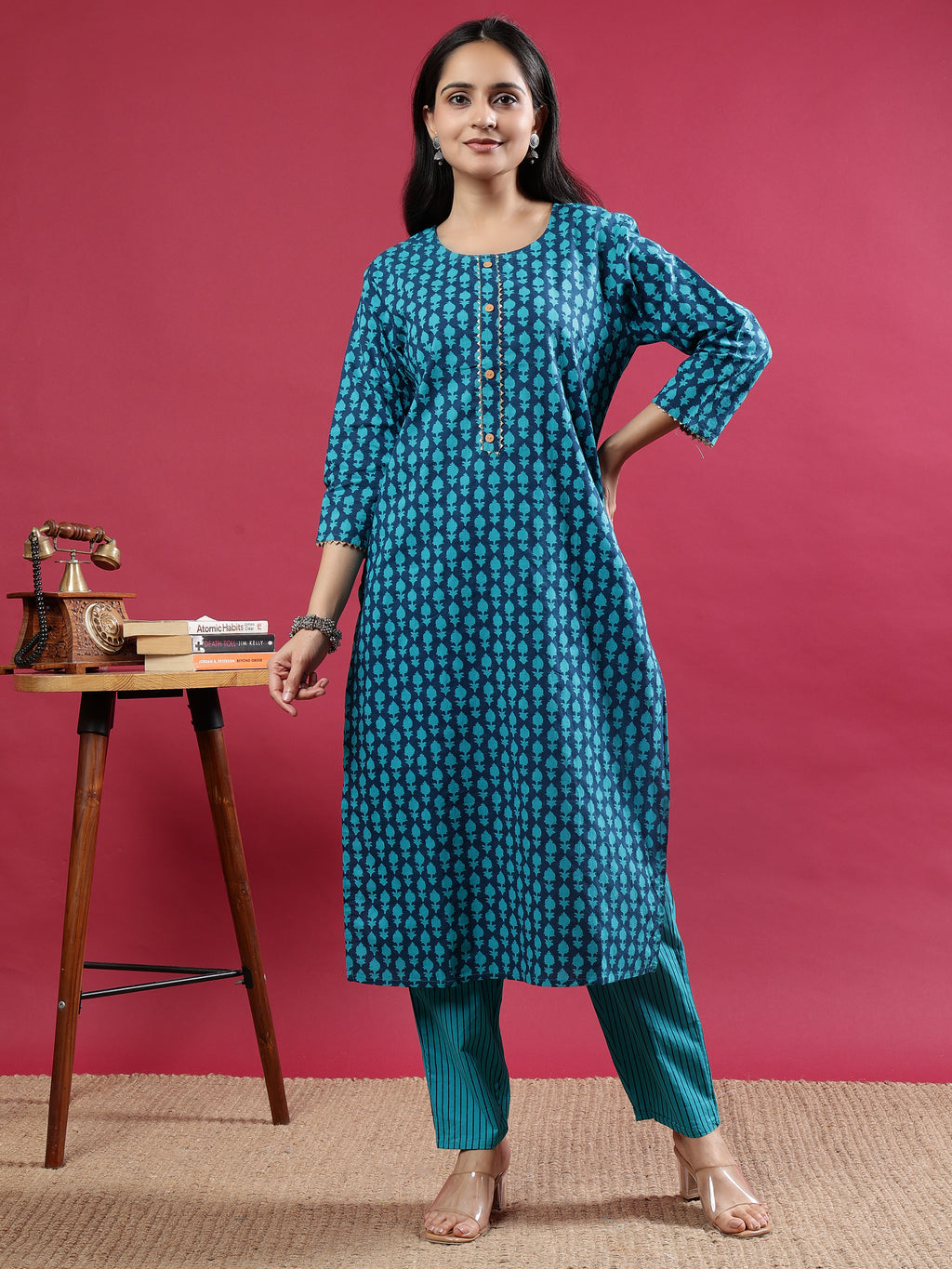 Blue Printed Rayon Kurta Set with Striped Pants & Tassel Dupatta