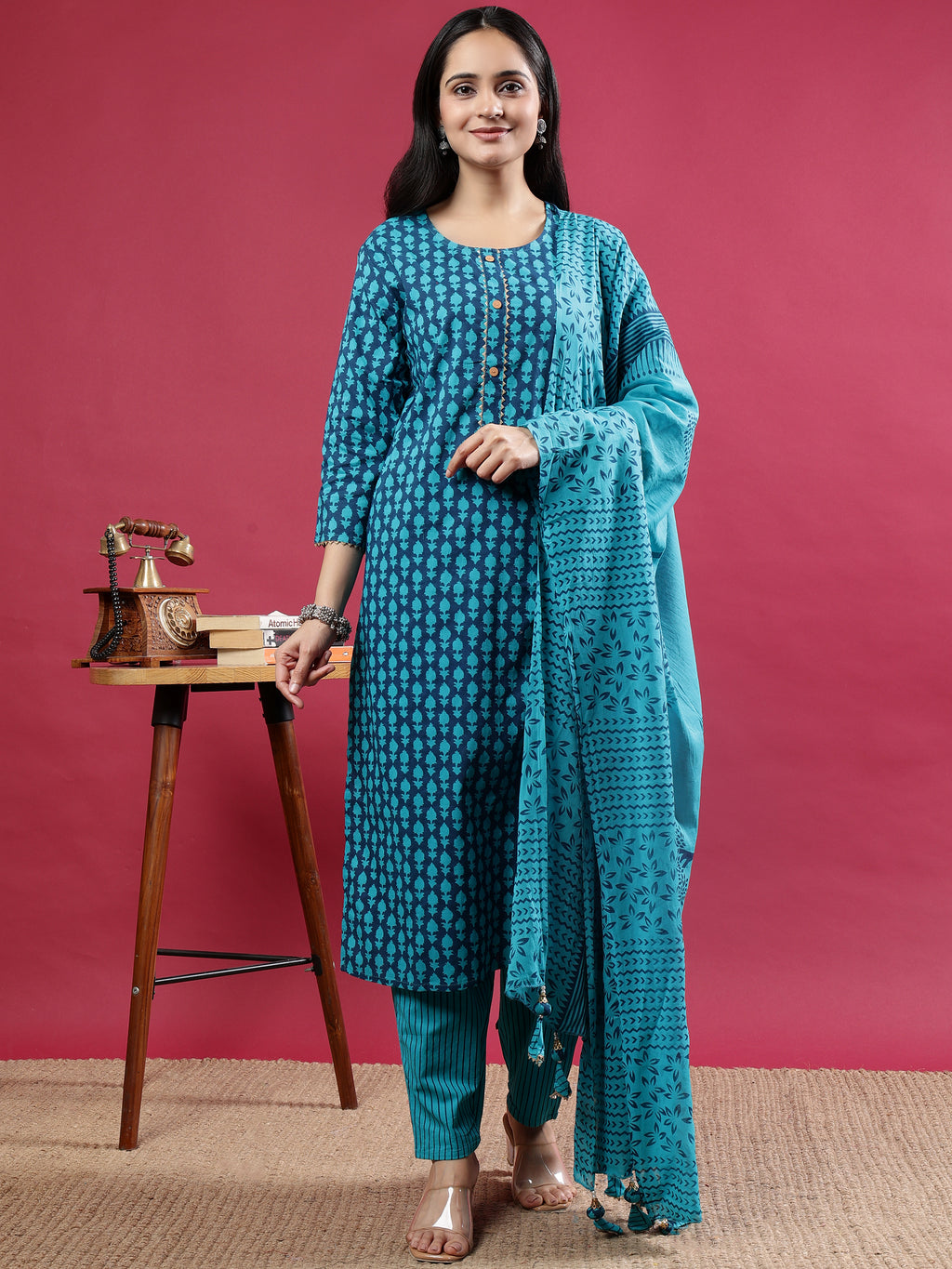 Blue Printed Rayon Kurta Set with Striped Pants & Tassel Dupatta Blue Rayon