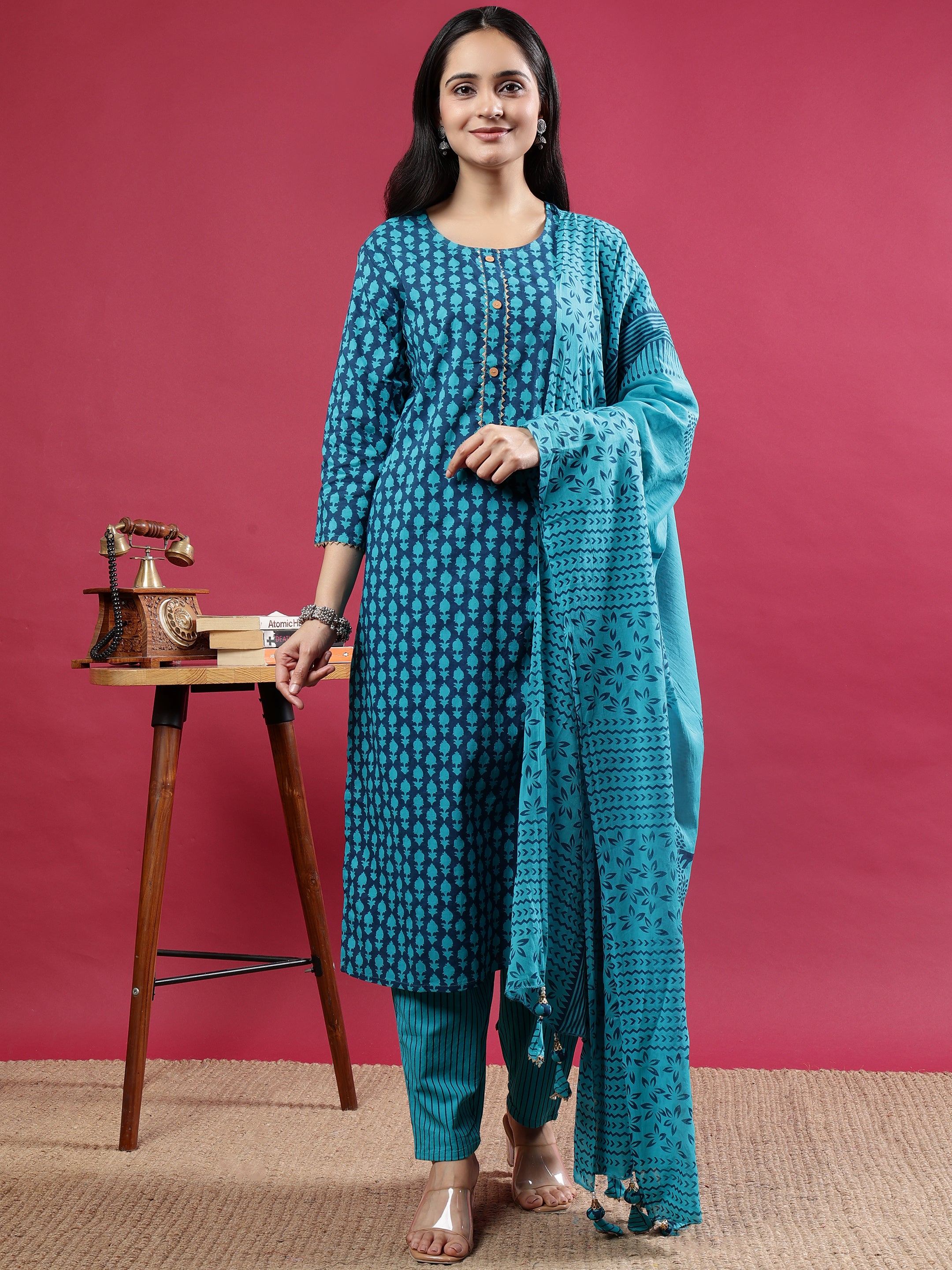 Blue Printed Rayon Kurta Set with Striped Pants & Tassel Dupatta Blue Rayon
