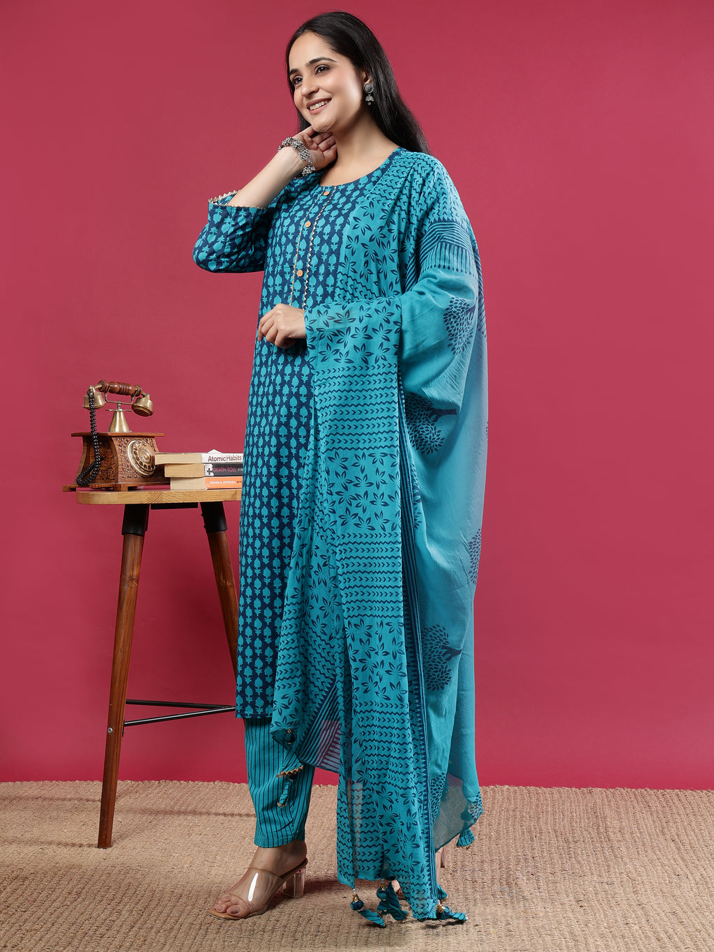 Blue Printed Rayon Kurta Set with Striped Pants & Tassel Dupatta
