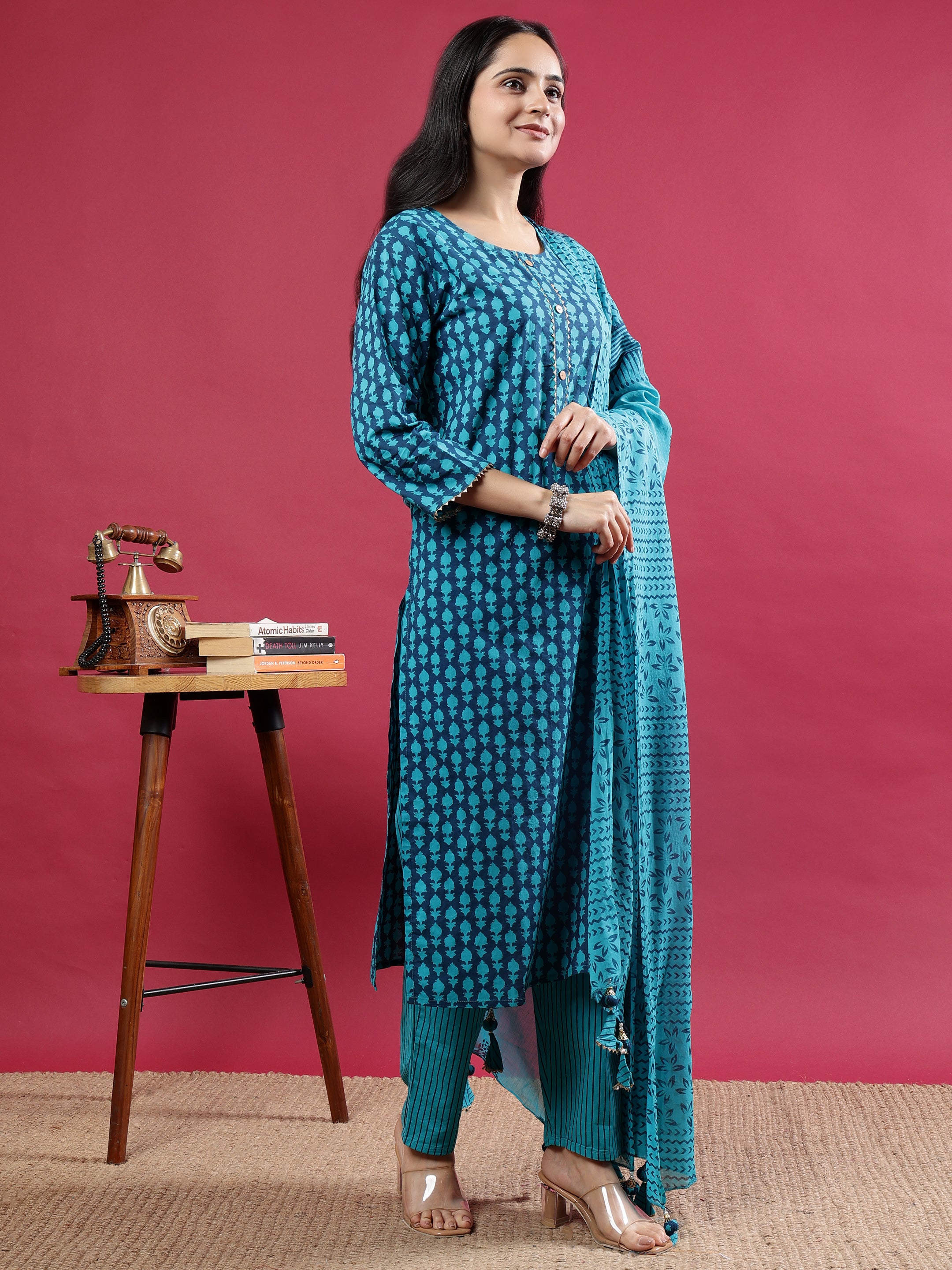 Blue Printed Rayon Kurta Set with Striped Pants & Tassel Dupatta