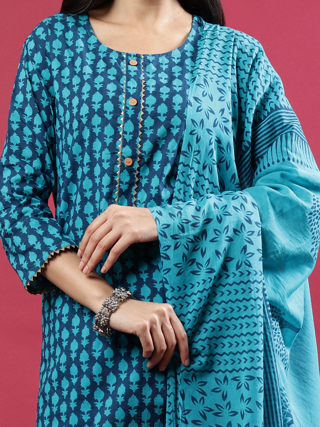 Blue Printed Rayon Kurta Set with Striped Pants & Tassel Dupatta