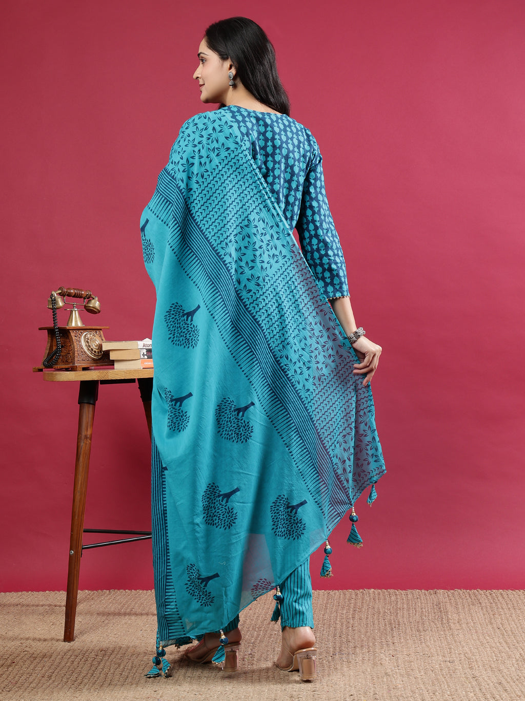 Blue Printed Rayon Kurta Set with Striped Pants & Tassel Dupatta