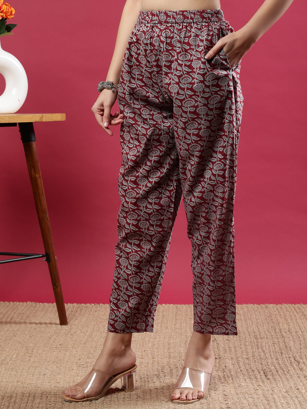 Maroon Printed Rayon Kurta Set with Striped Pants & Tassel Dupatta