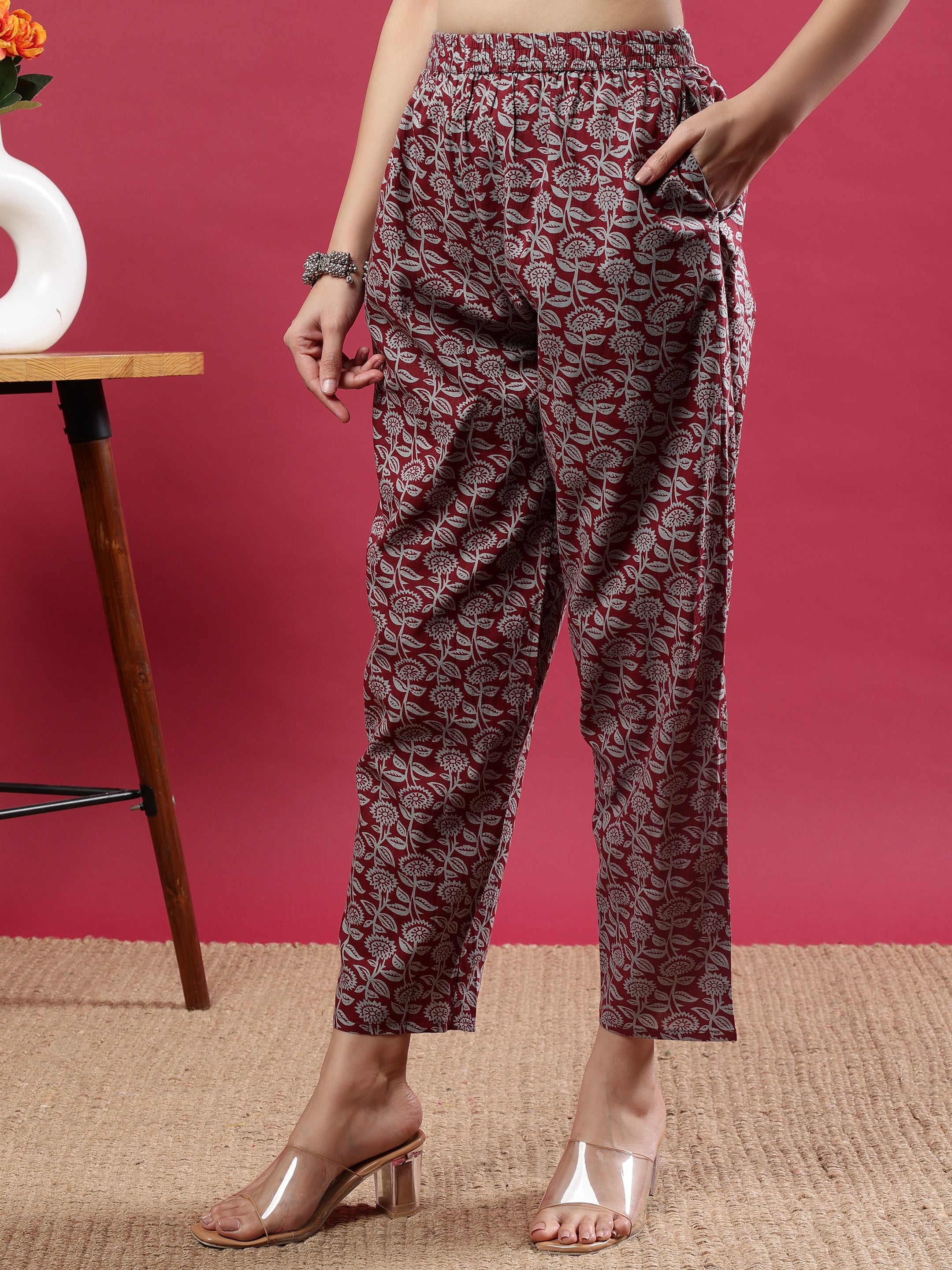 Maroon Printed Rayon Kurta Set with Striped Pants & Tassel Dupatta