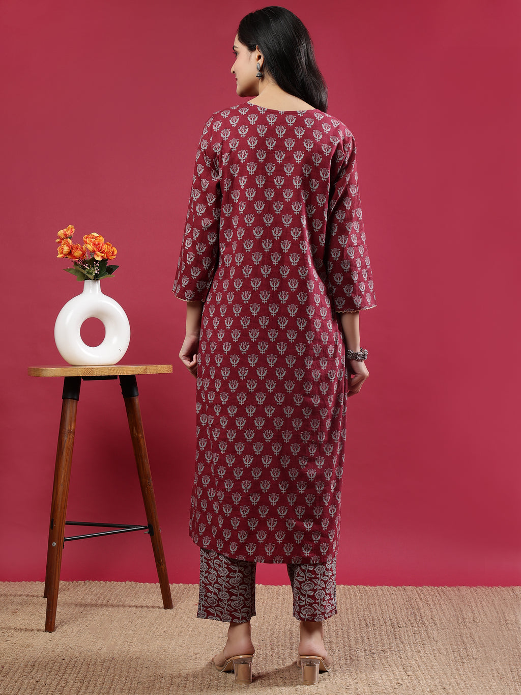 Maroon Printed Rayon Kurta Set with Striped Pants & Tassel Dupatta