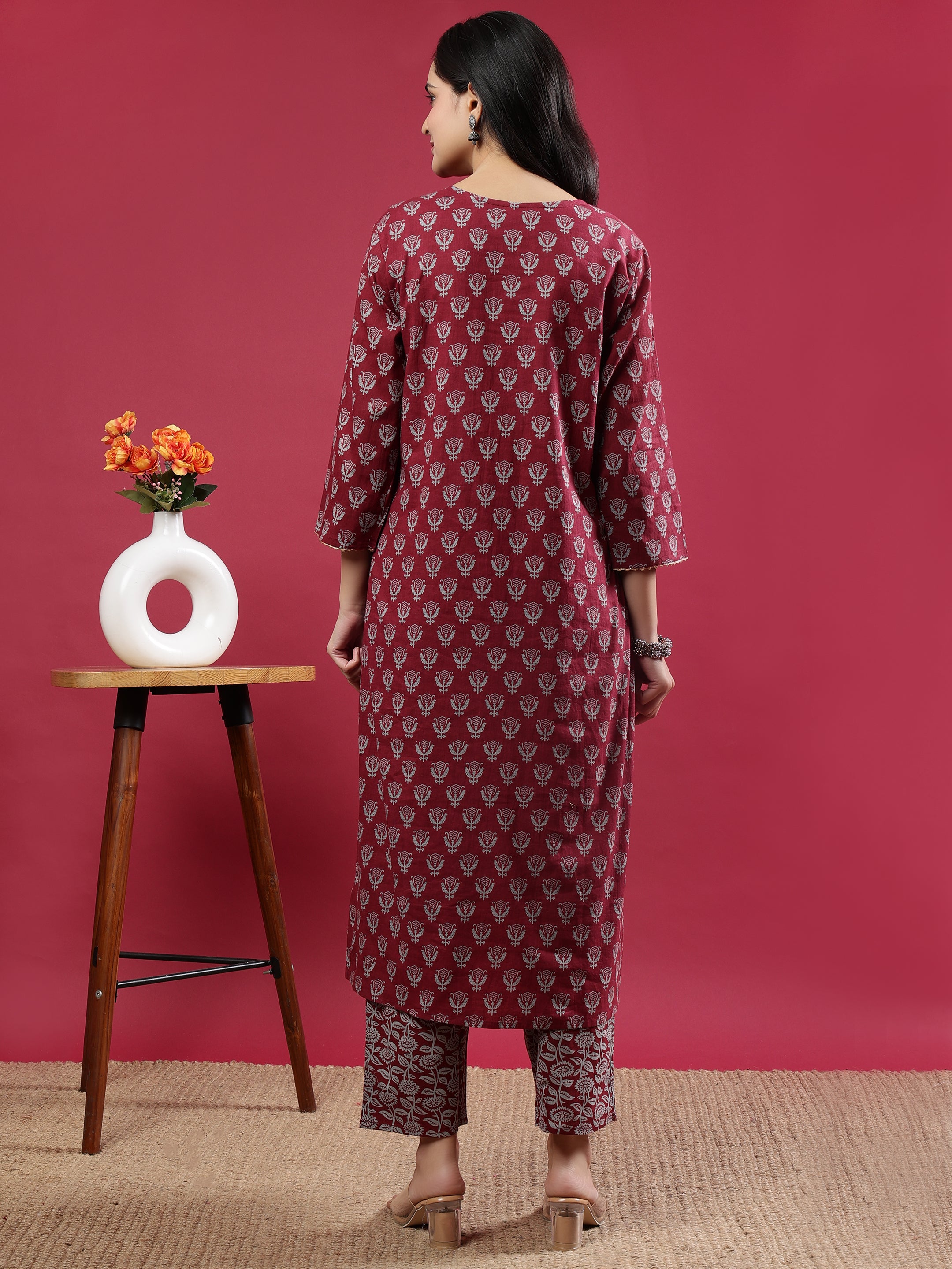 Maroon Printed Rayon Kurta Set with Striped Pants & Tassel Dupatta